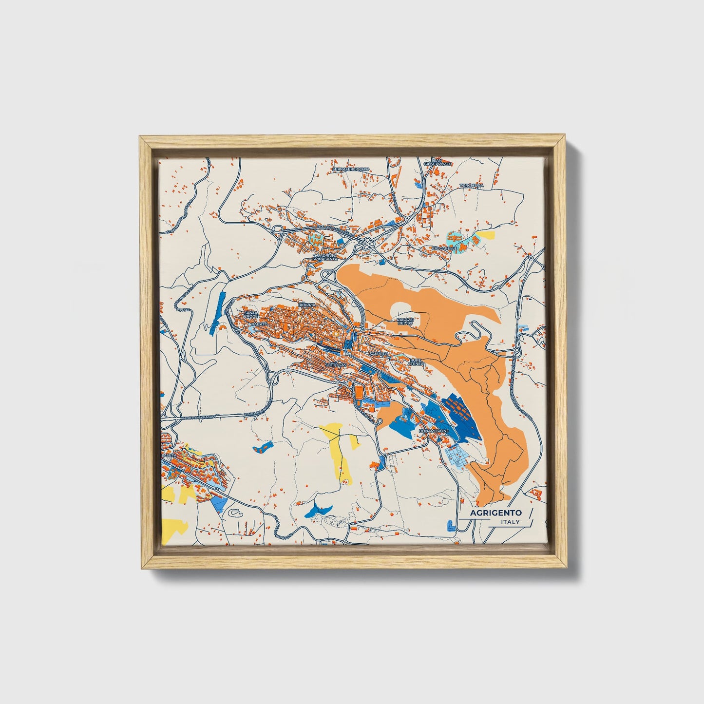 Agrigento Italy Colorful City Map Canvas Print • Natural Wooden Framed