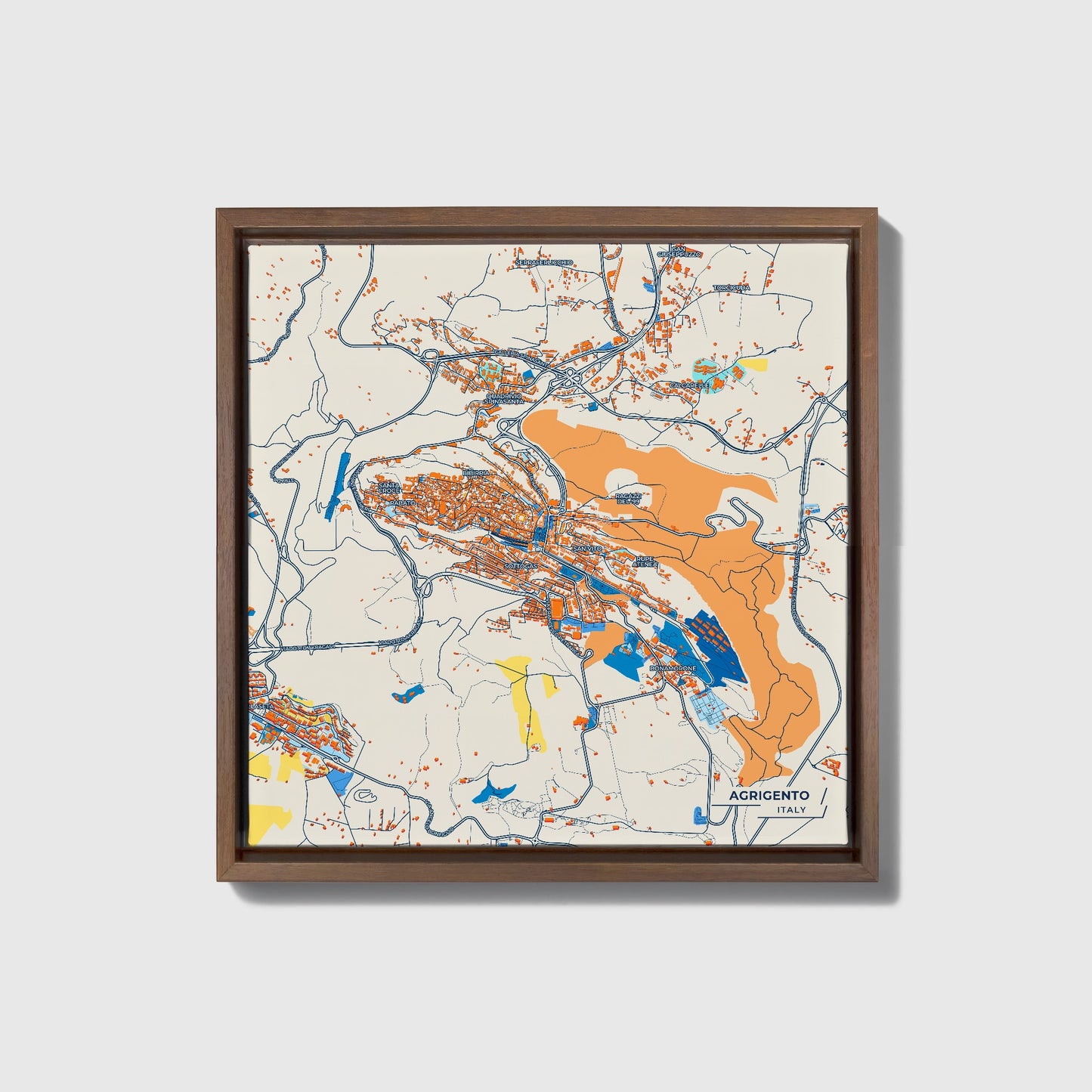 Agrigento Italy Colorful City Map Canvas Print • Dark Wooden Framed