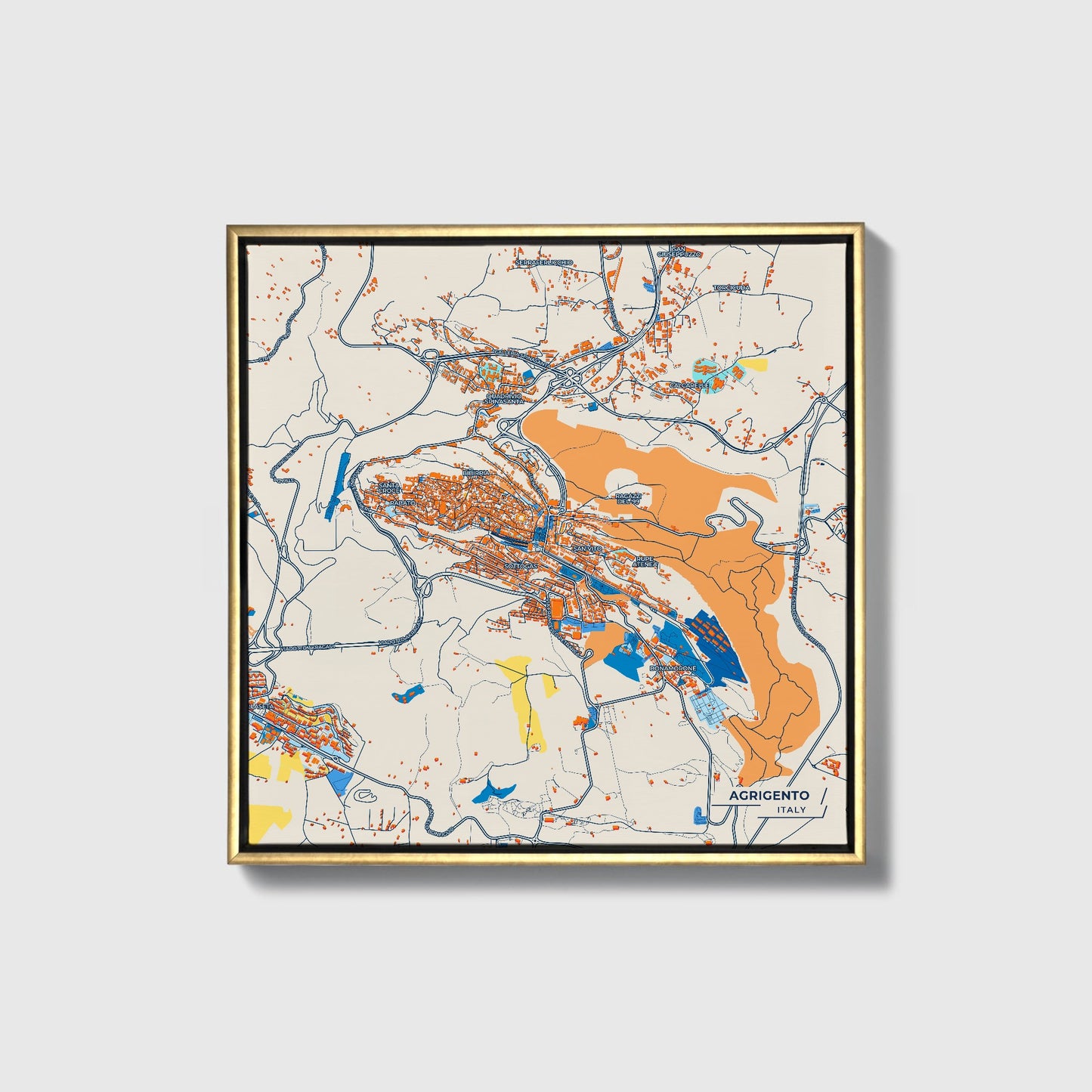 Agrigento Italy Colorful City Map Canvas Print • Gold Framed