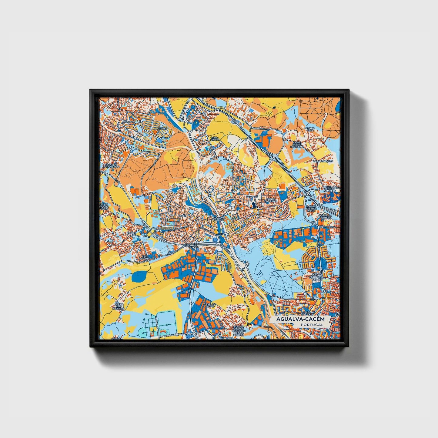 Agualva-Cacém Portugal Colorful City Map Canvas Print • Black Framed
