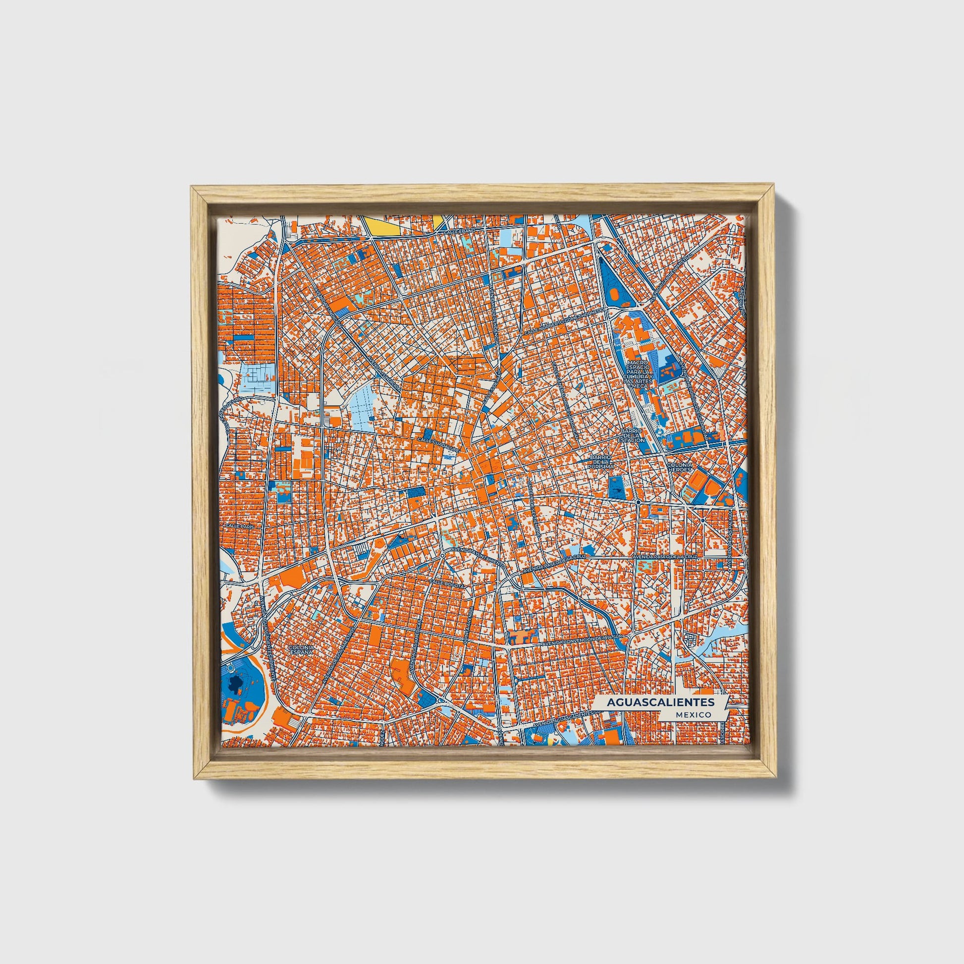 Aguascalientes Mexico Colorful City Map Canvas Print • Natural Wooden Framed