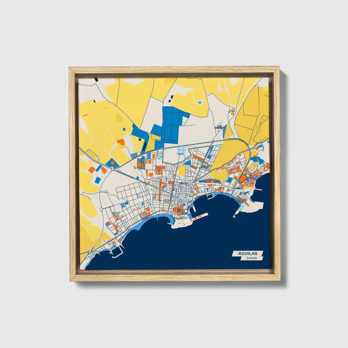 Águilas Spain Colorful City Map Canvas Print • Natural Wooden Framed