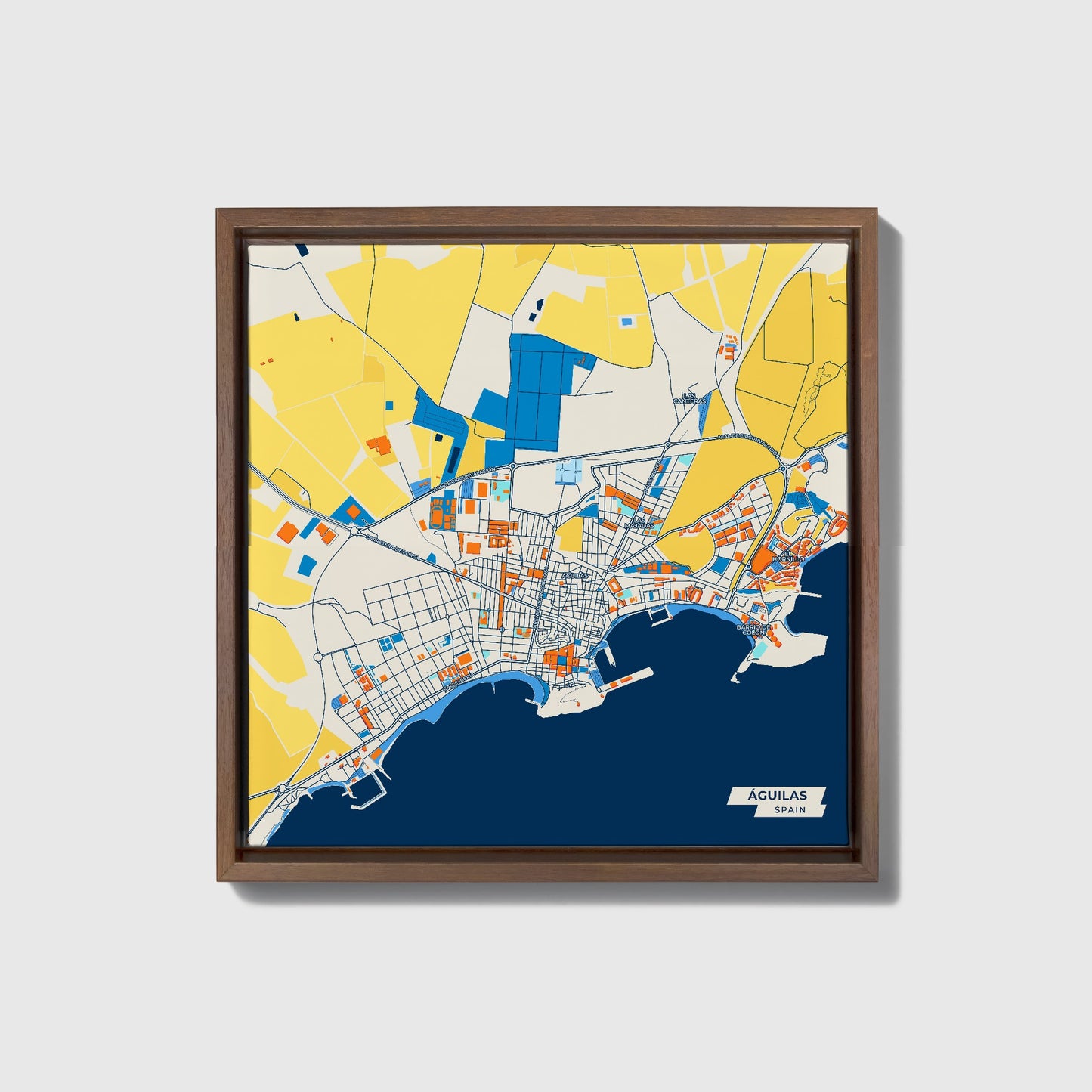 Águilas Spain Colorful City Map Canvas Print • Dark Wooden Framed