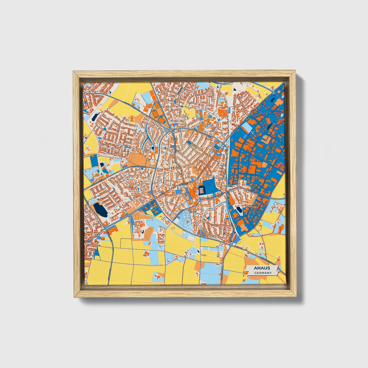 Ahaus Germany Colorful City Map Canvas Print • Natural Wooden Framed