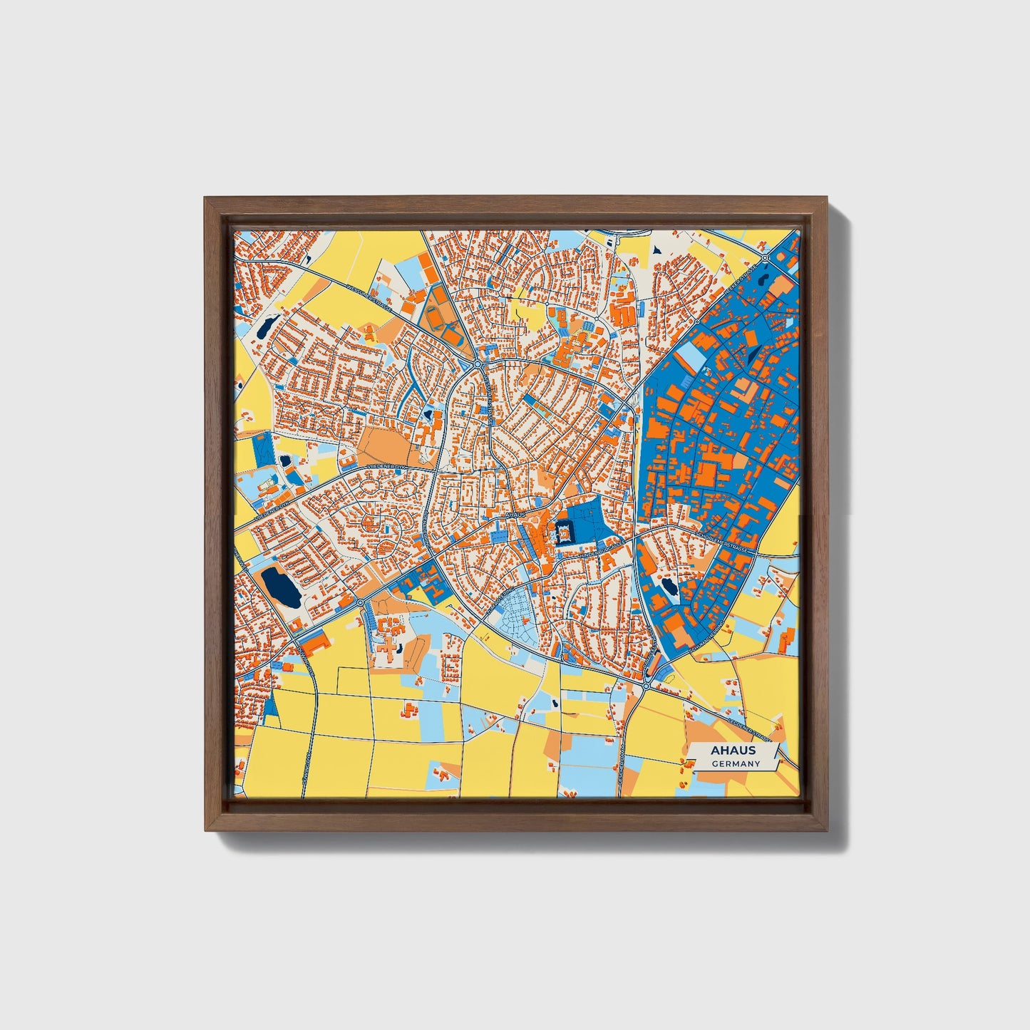 Ahaus Germany Colorful City Map Canvas Print • Dark Wooden Framed