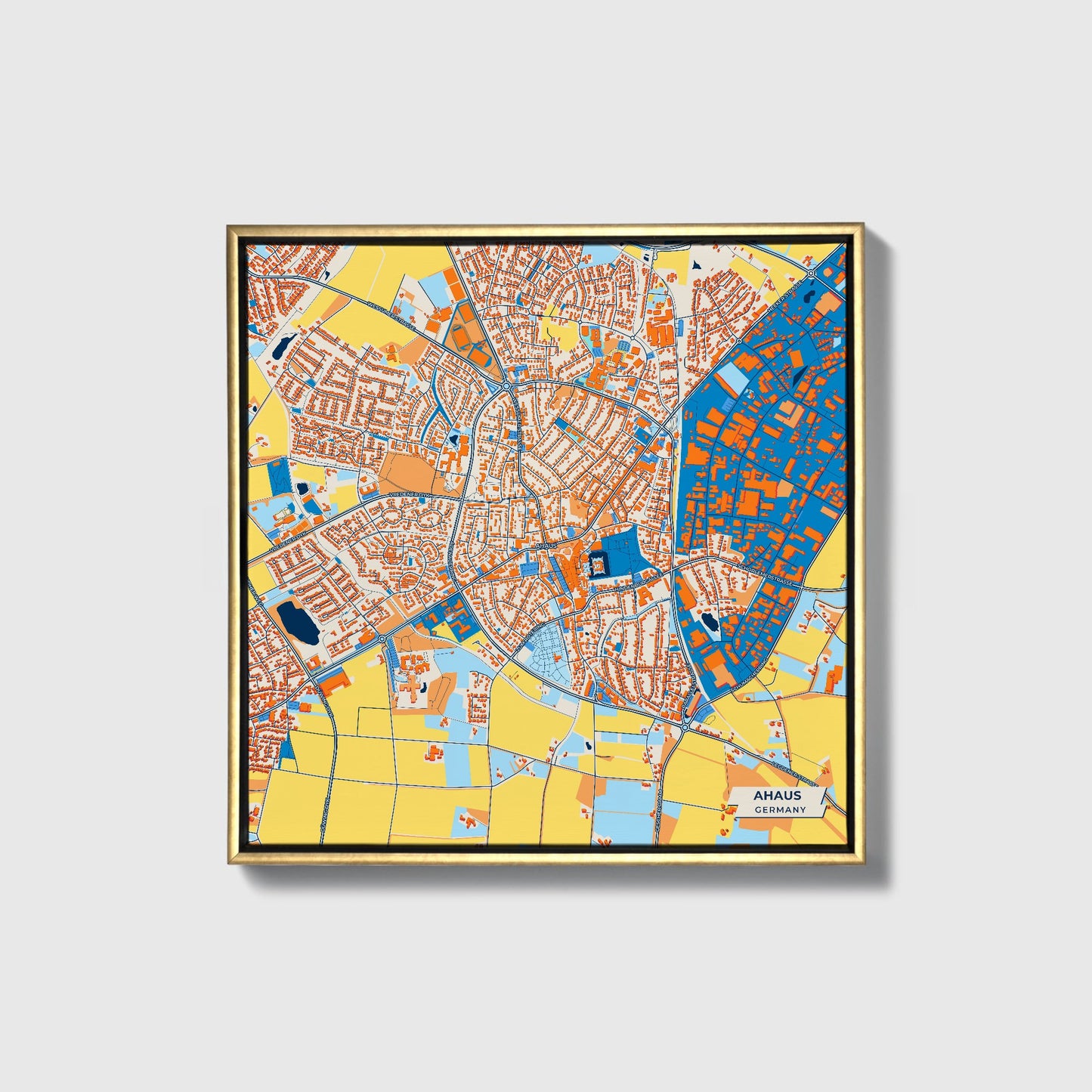 Ahaus Germany Colorful City Map Canvas Print • Gold Framed