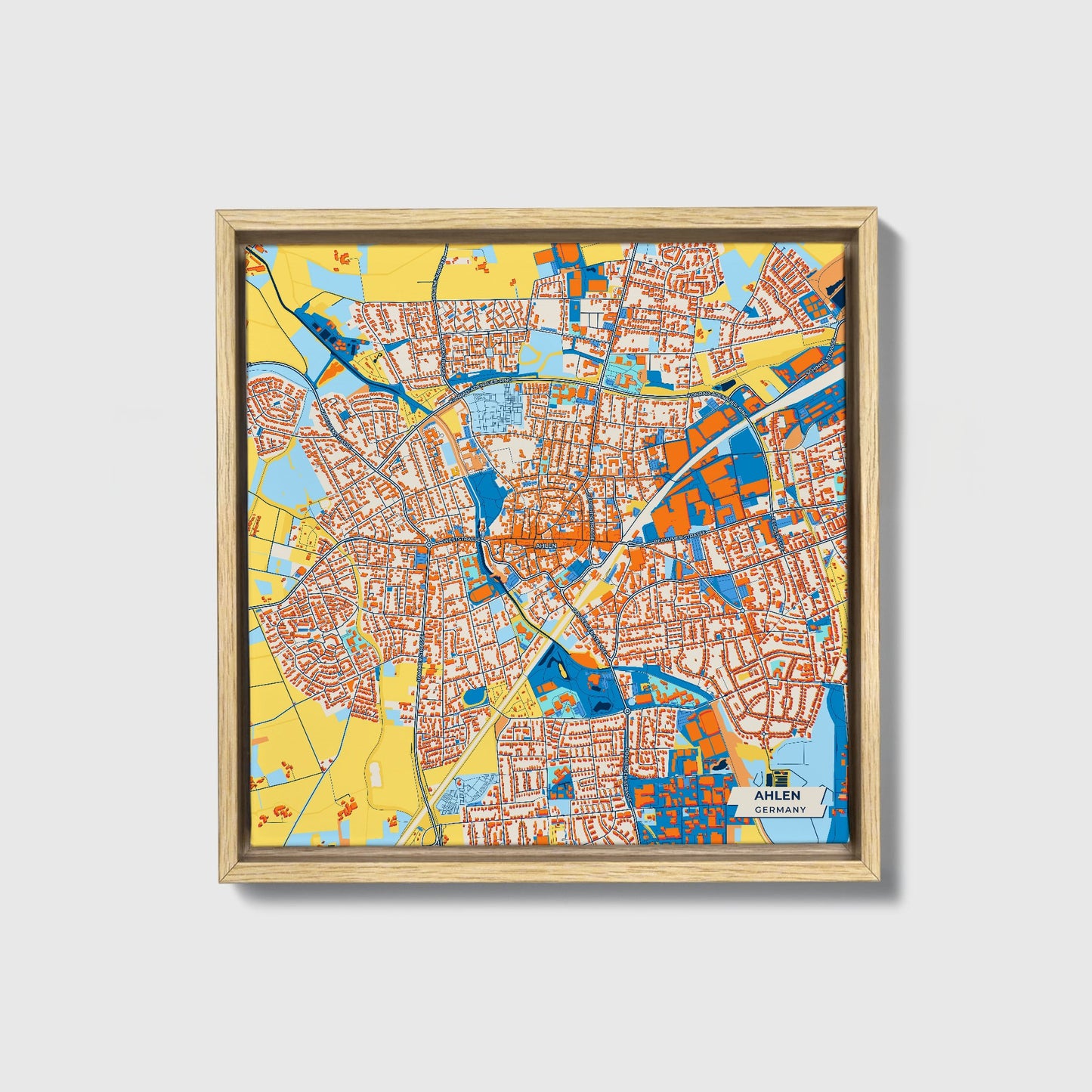 Ahlen Germany Colorful City Map Canvas Print • Natural Wooden Framed