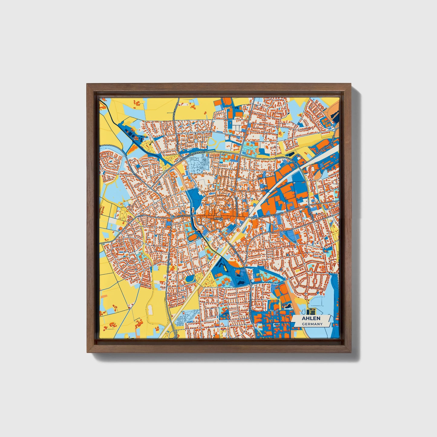 Ahlen Germany Colorful City Map Canvas Print • Dark Wooden Framed