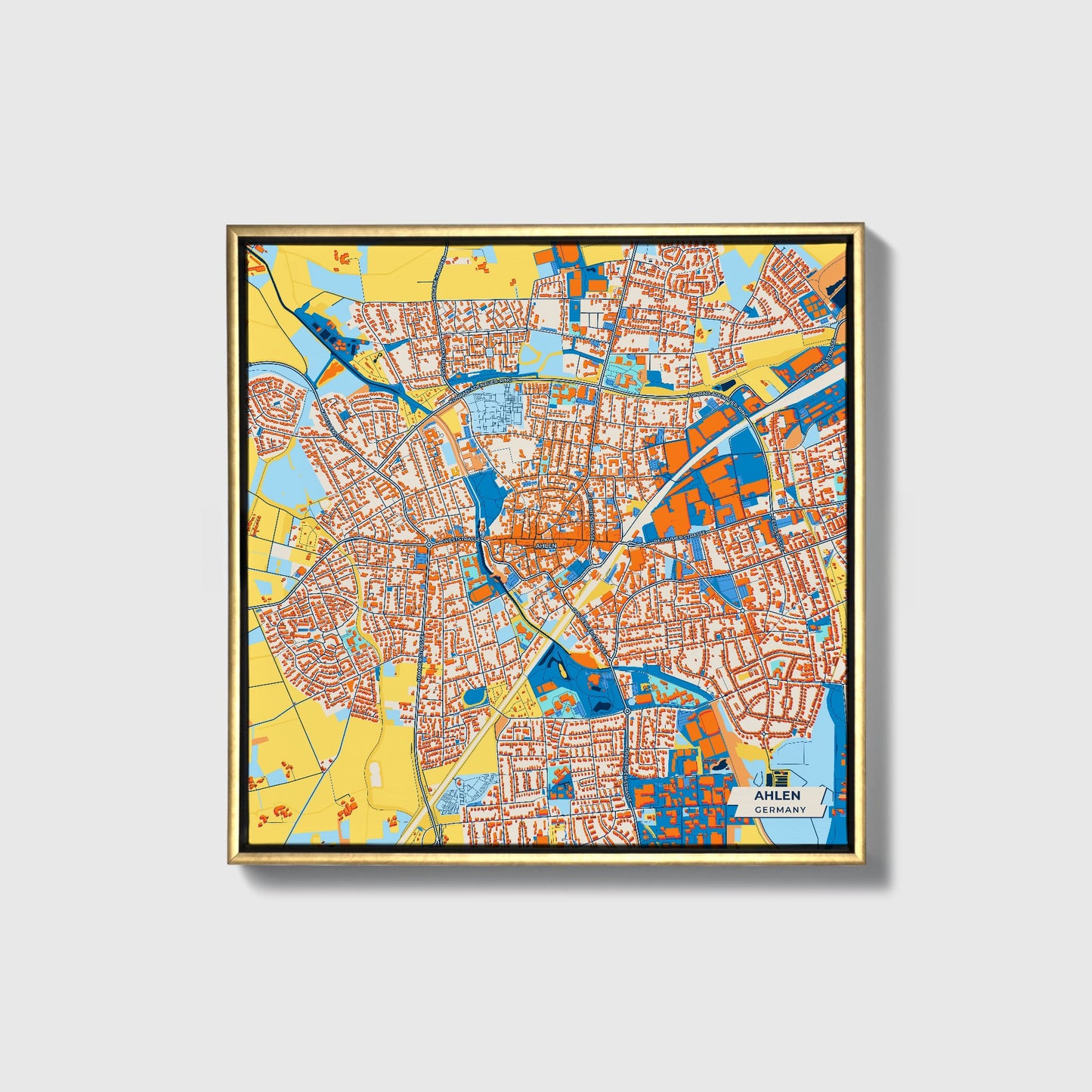 Ahlen Germany Colorful City Map Canvas Print • Gold Framed