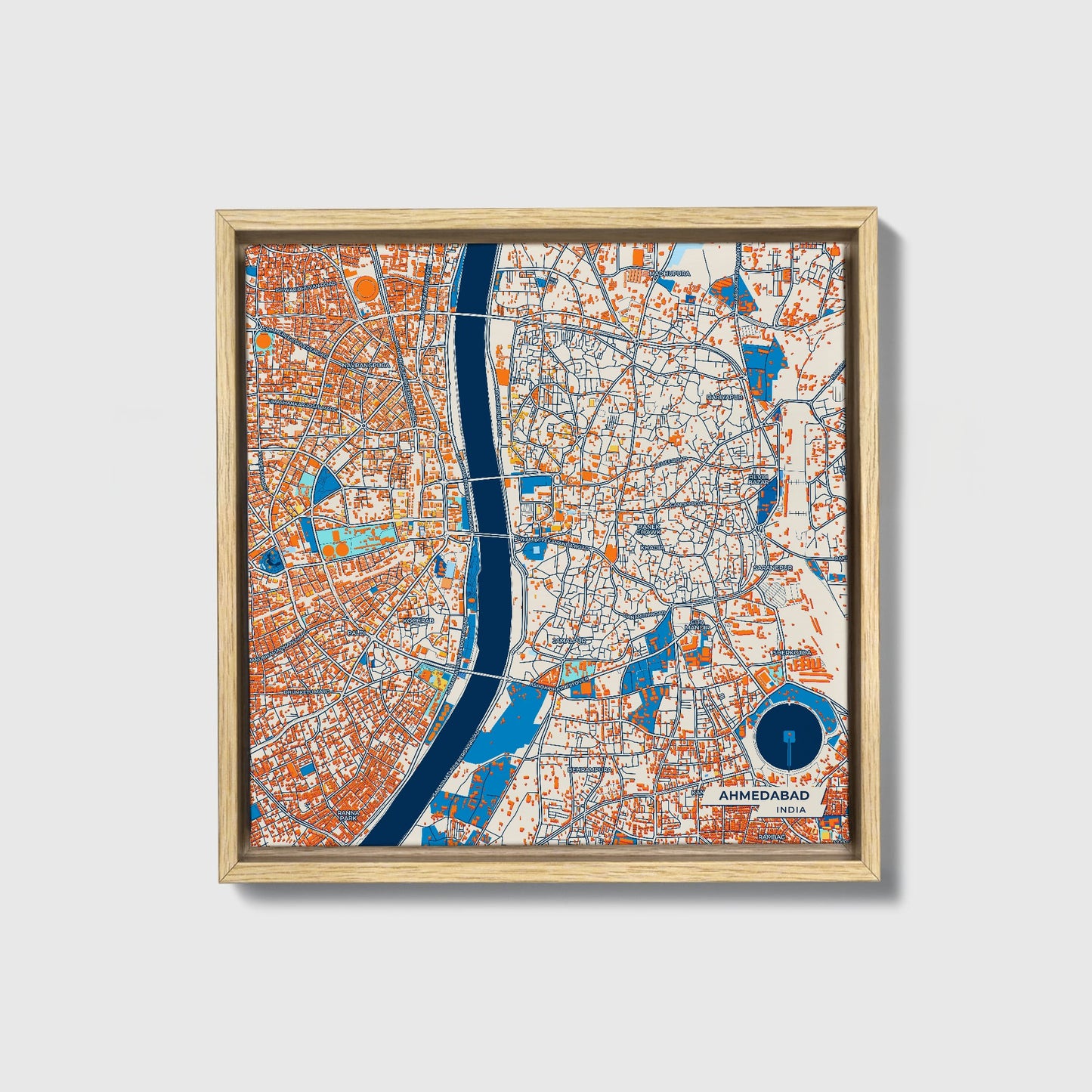 Ahmedabad India Colorful City Map Canvas Print • Natural Wooden Framed