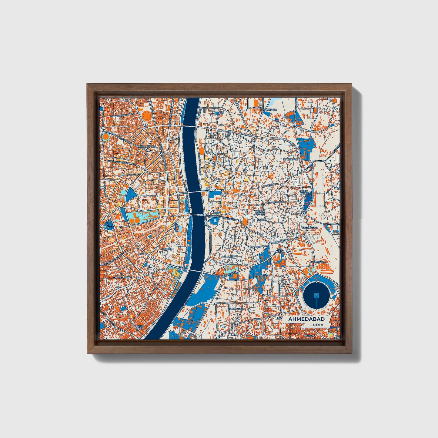 Ahmedabad India Colorful City Map Canvas Print • Dark Wooden Framed