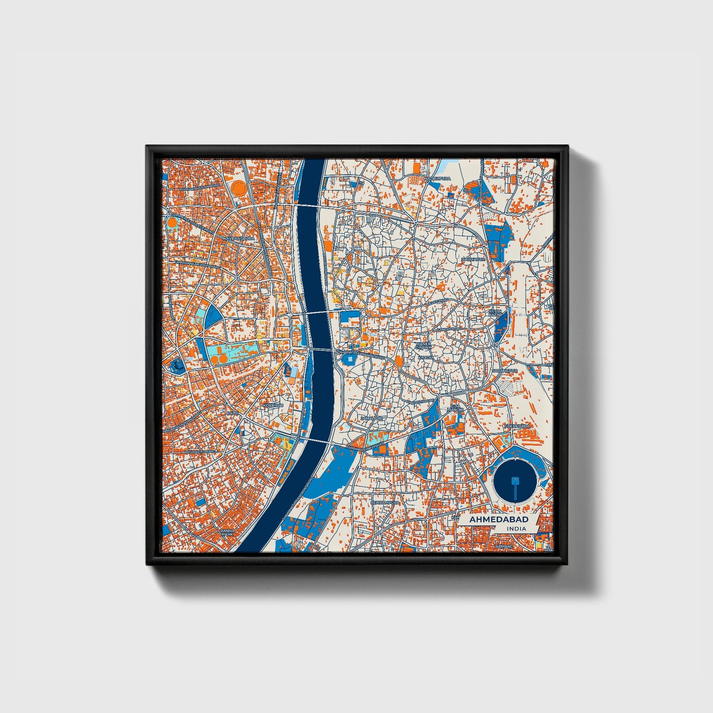 Ahmedabad India Colorful City Map Canvas Print • Black Framed