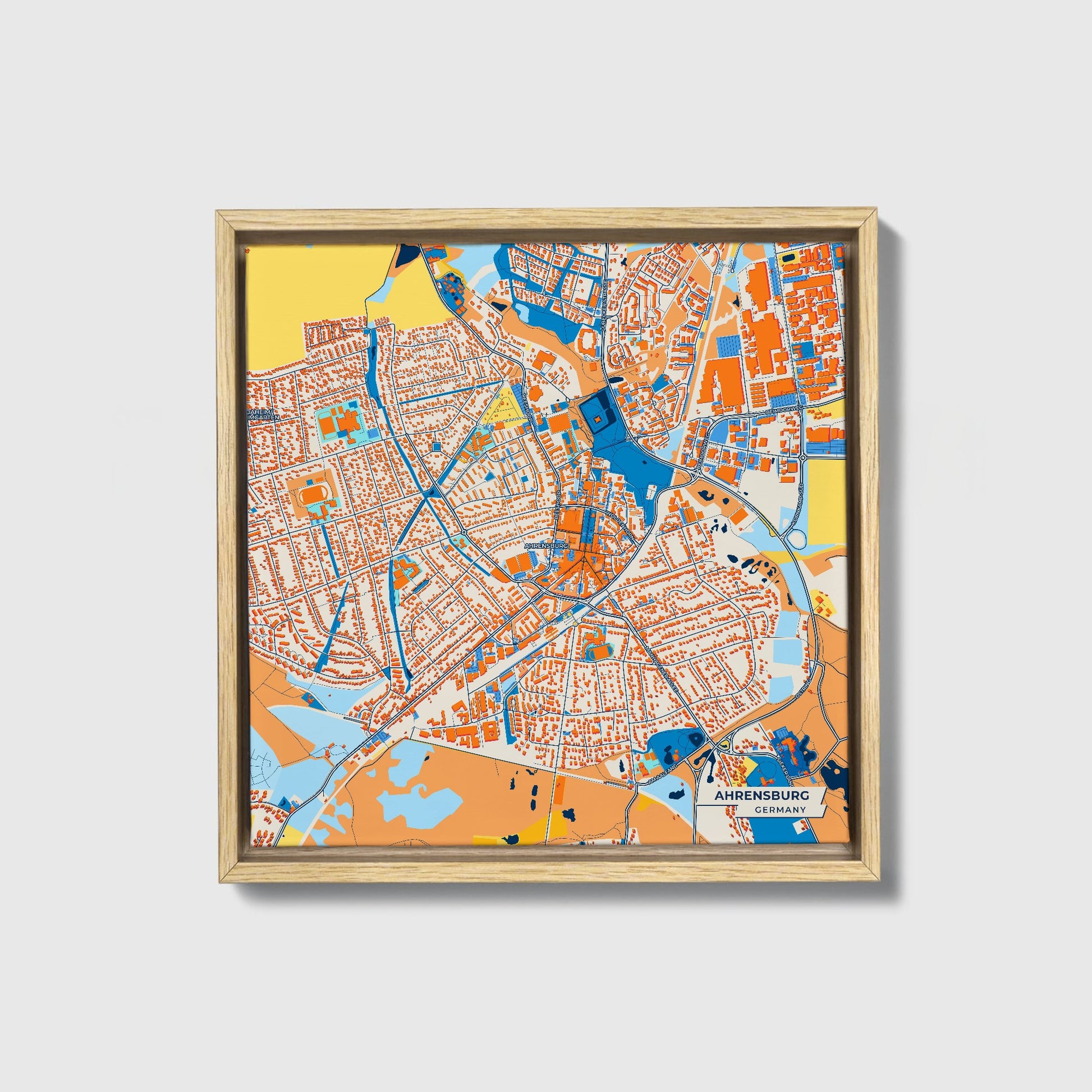 Ahrensburg Germany Colorful City Map Canvas Print • Natural Wooden Framed
