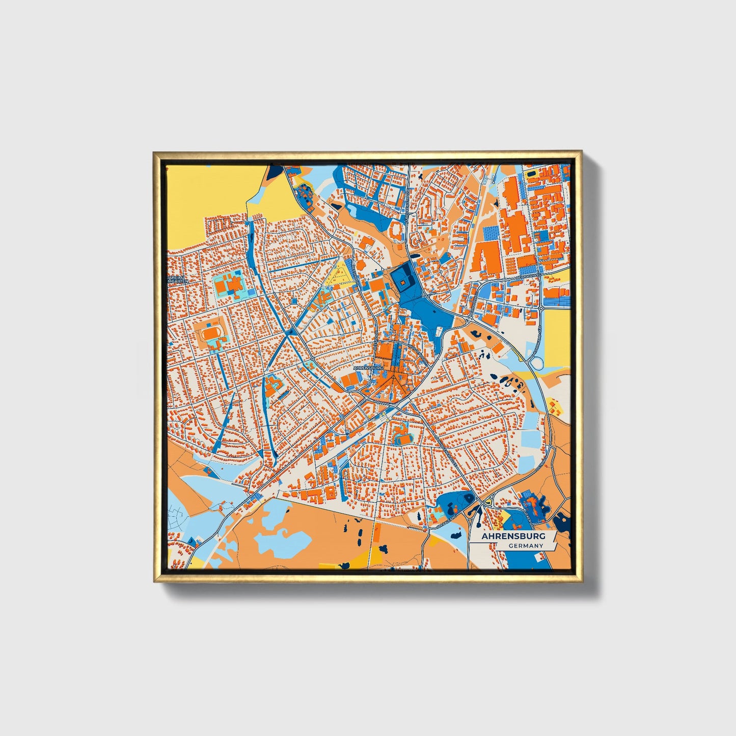 Ahrensburg Germany Colorful City Map Canvas Print • Gold Framed