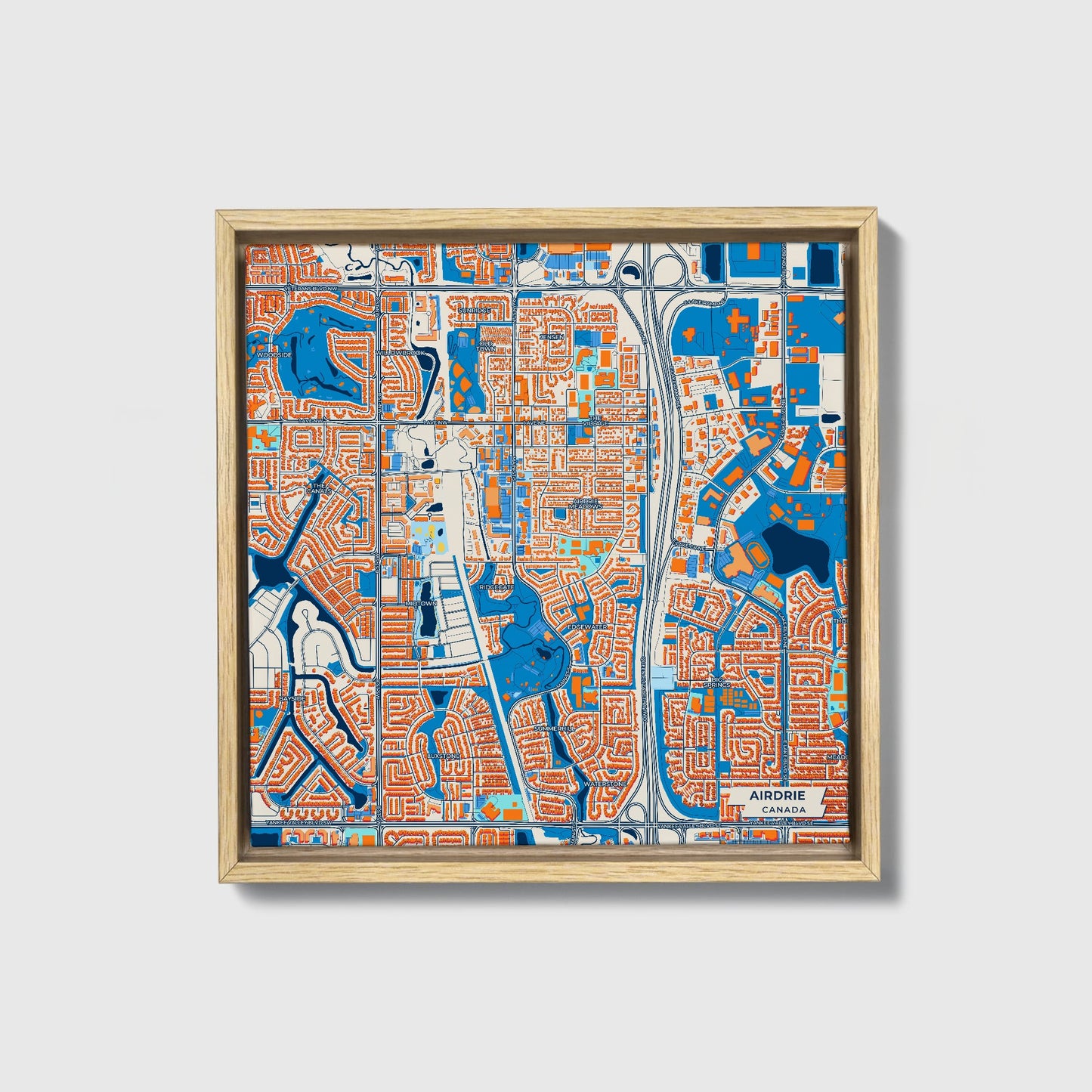 Airdrie Canada Colorful City Map Canvas Print • Natural Wooden Framed