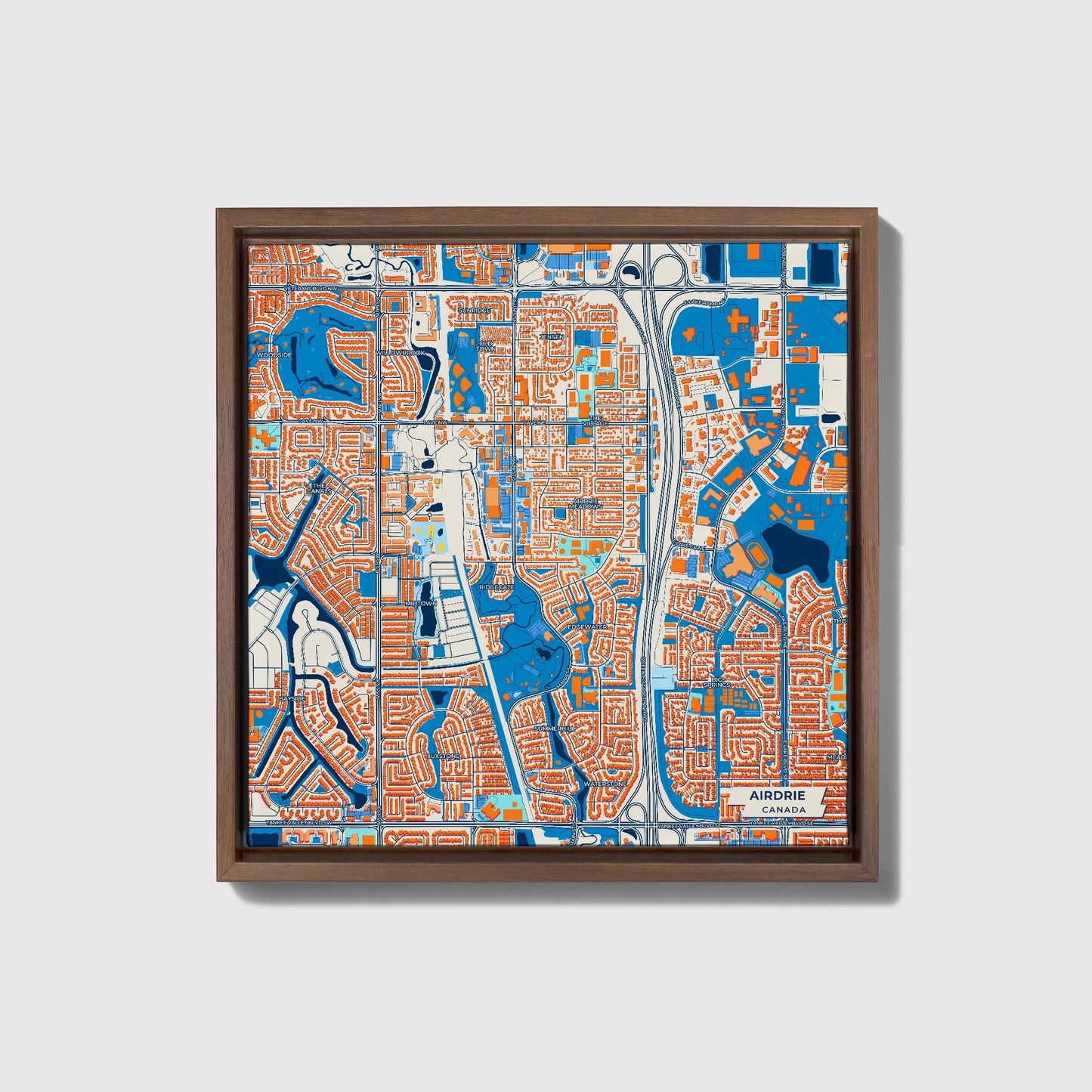 Airdrie Canada Colorful City Map Canvas Print • Dark Wooden Framed