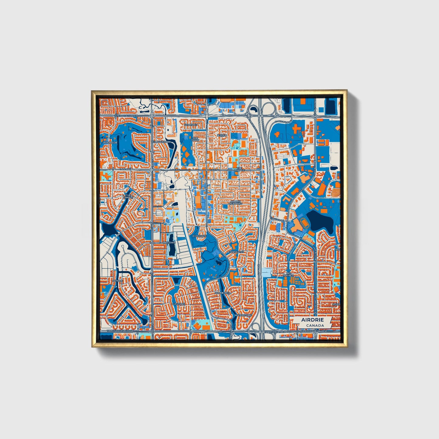 Airdrie Canada Colorful City Map Canvas Print • Gold Framed