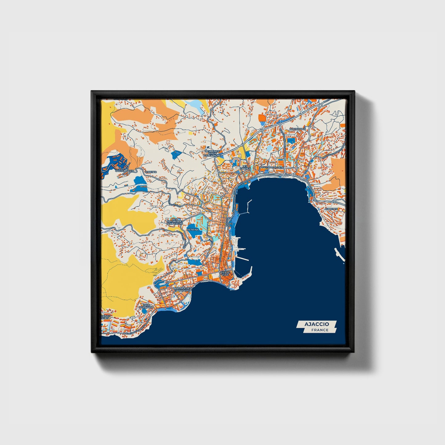 Ajaccio France Colorful City Map Canvas Print • Black Framed