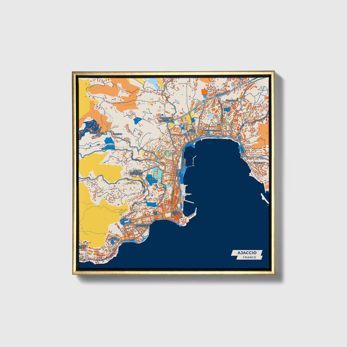 Ajaccio France Colorful City Map Canvas Print • Gold Framed
