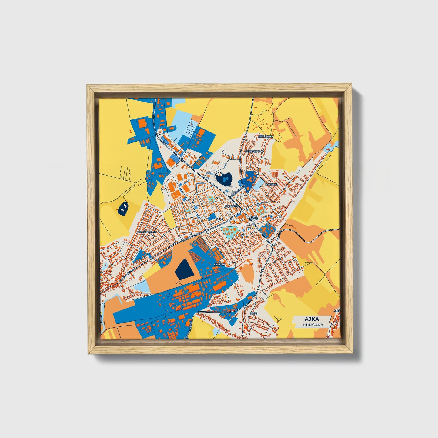 Ajka Hungary Colorful City Map Canvas Print • Natural Wooden Framed