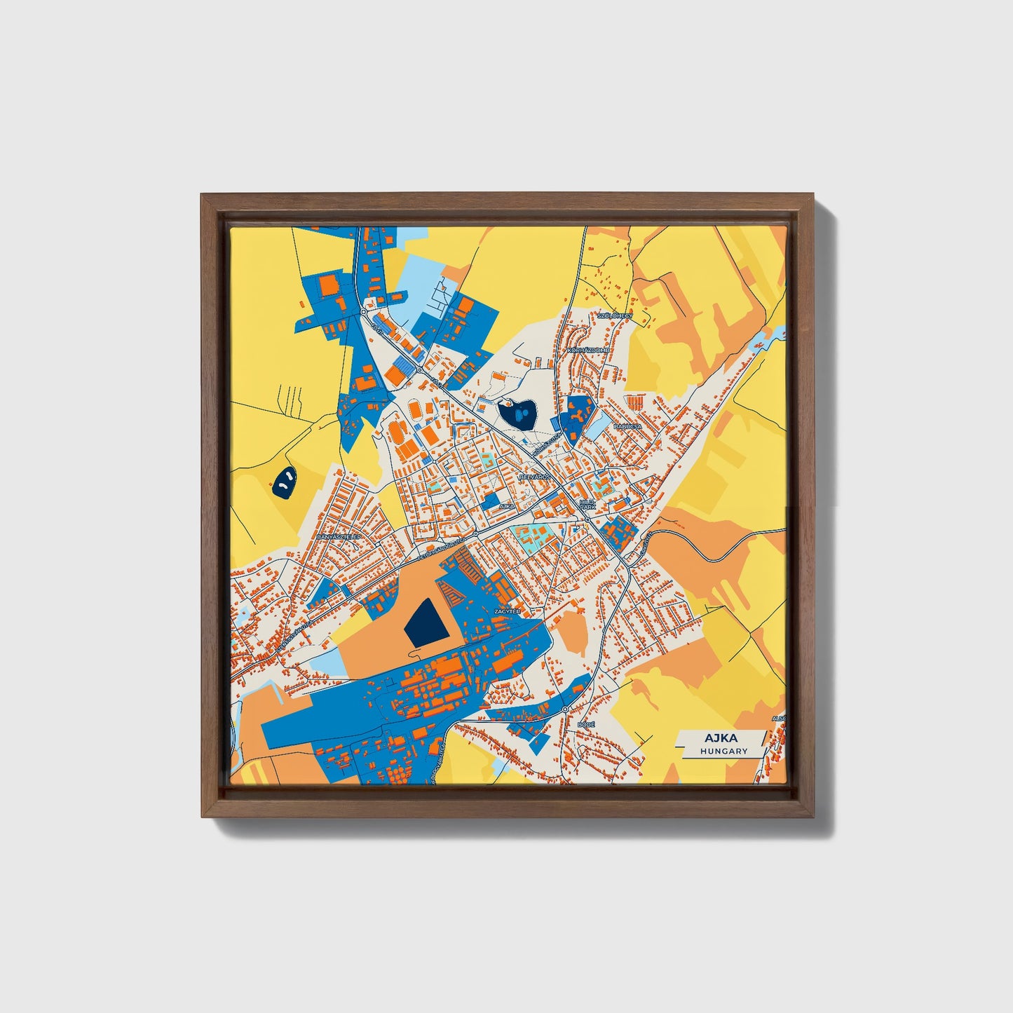 Ajka Hungary Colorful City Map Canvas Print • Dark Wooden Framed