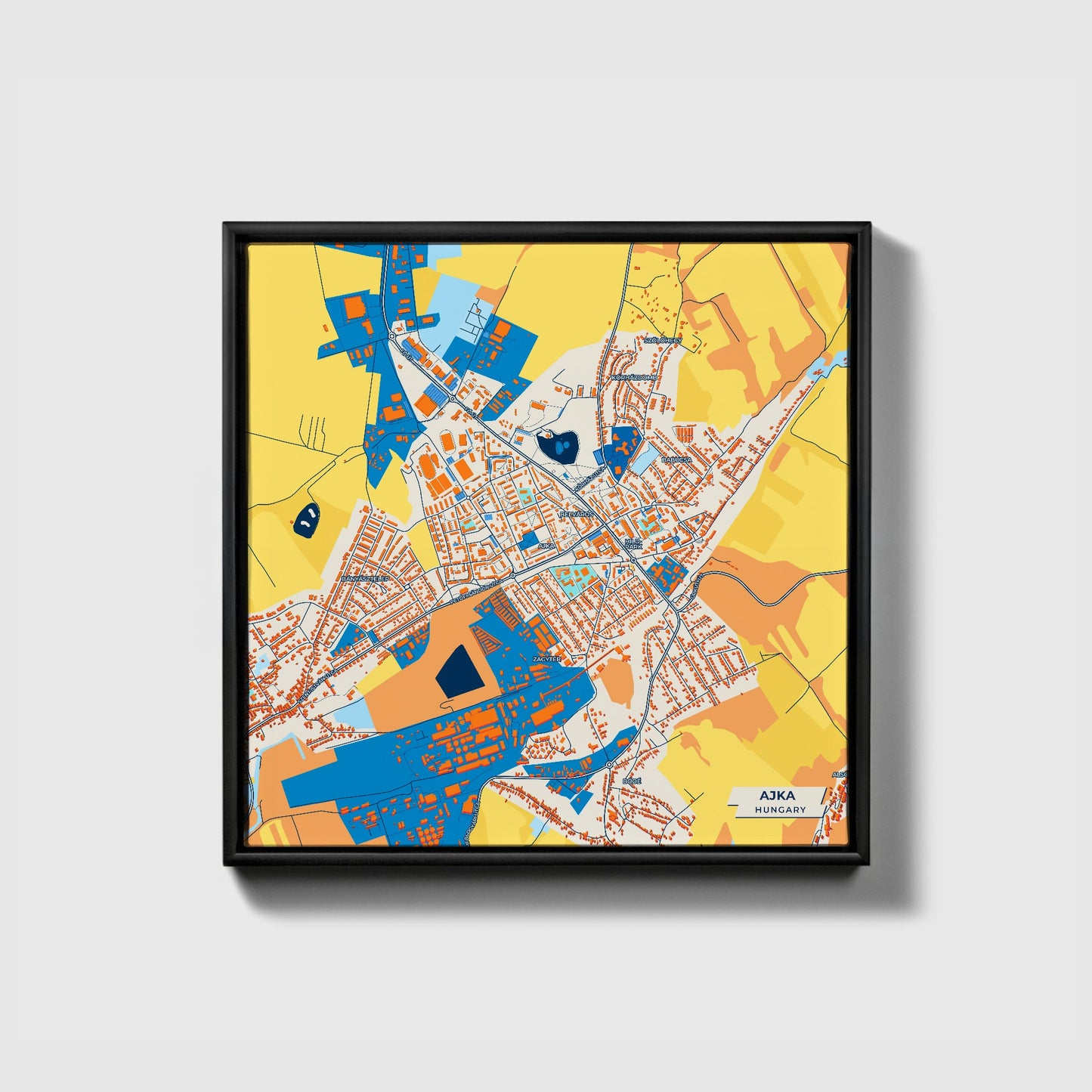 Ajka Hungary Colorful City Map Canvas Print • Black Framed