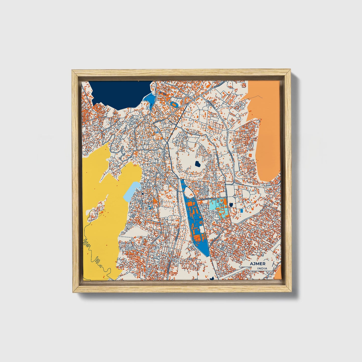 Ajmer India Colorful City Map Canvas Print • Natural Wooden Framed