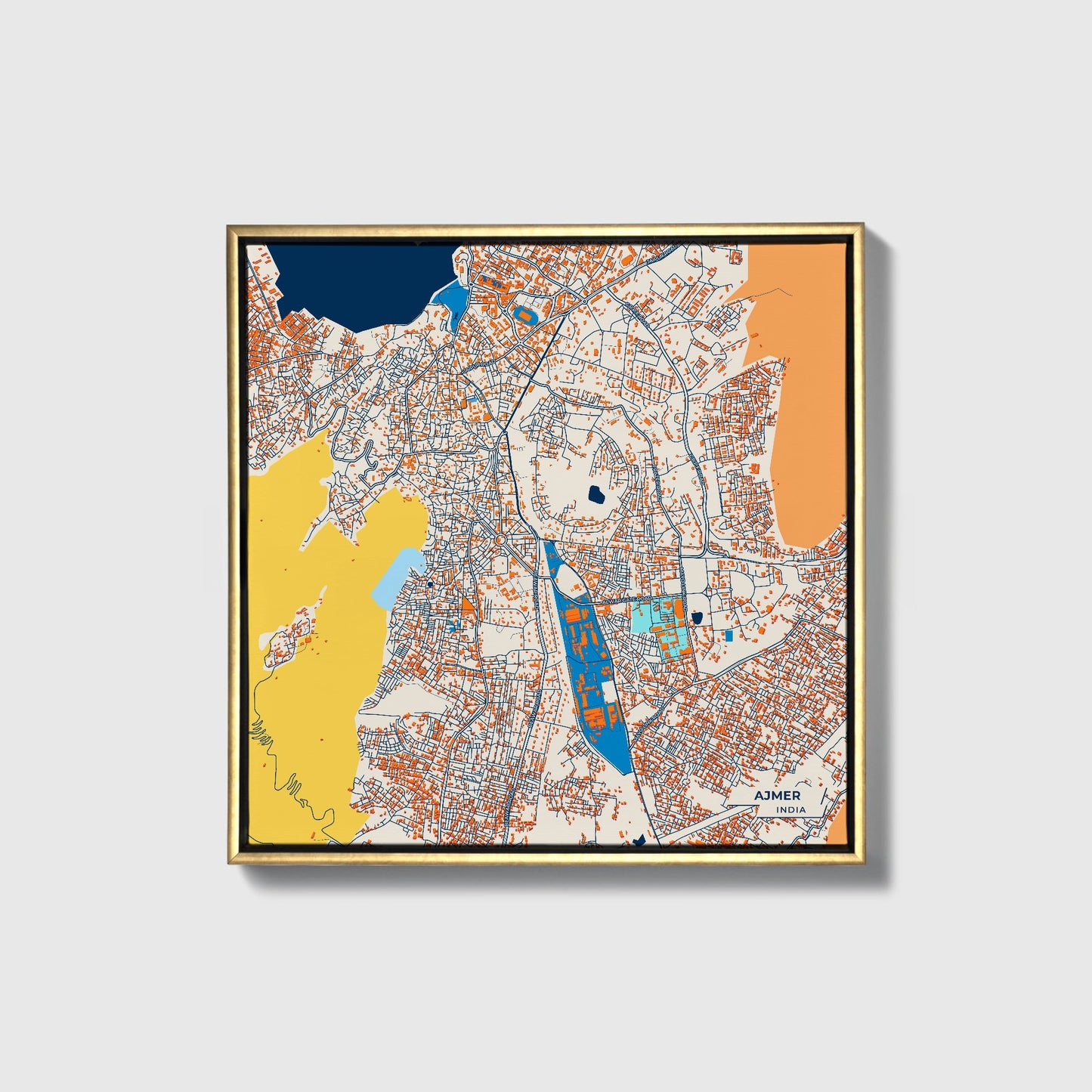 Ajmer India Colorful City Map Canvas Print • Gold Framed
