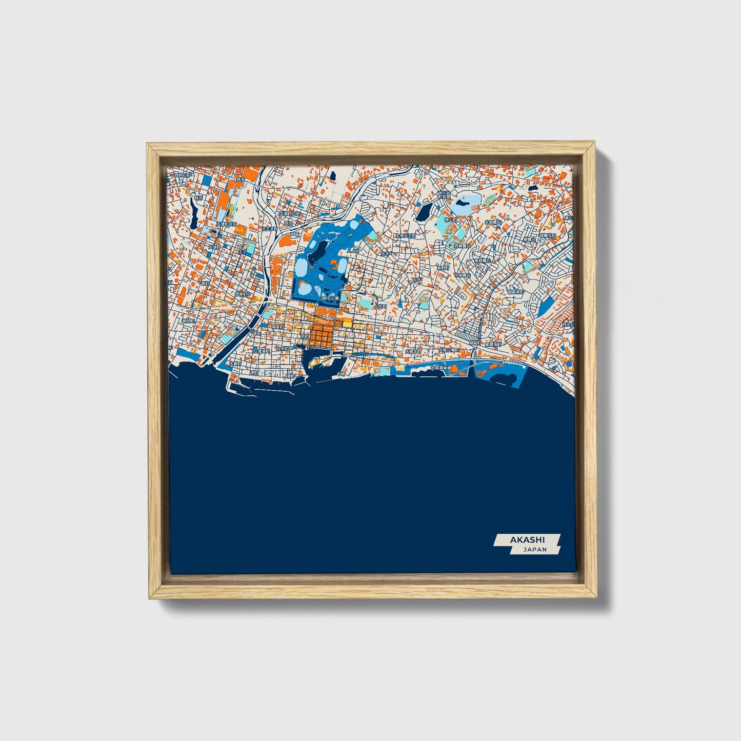 Akashi Japan Colorful City Map Canvas Print • Natural Wooden Framed