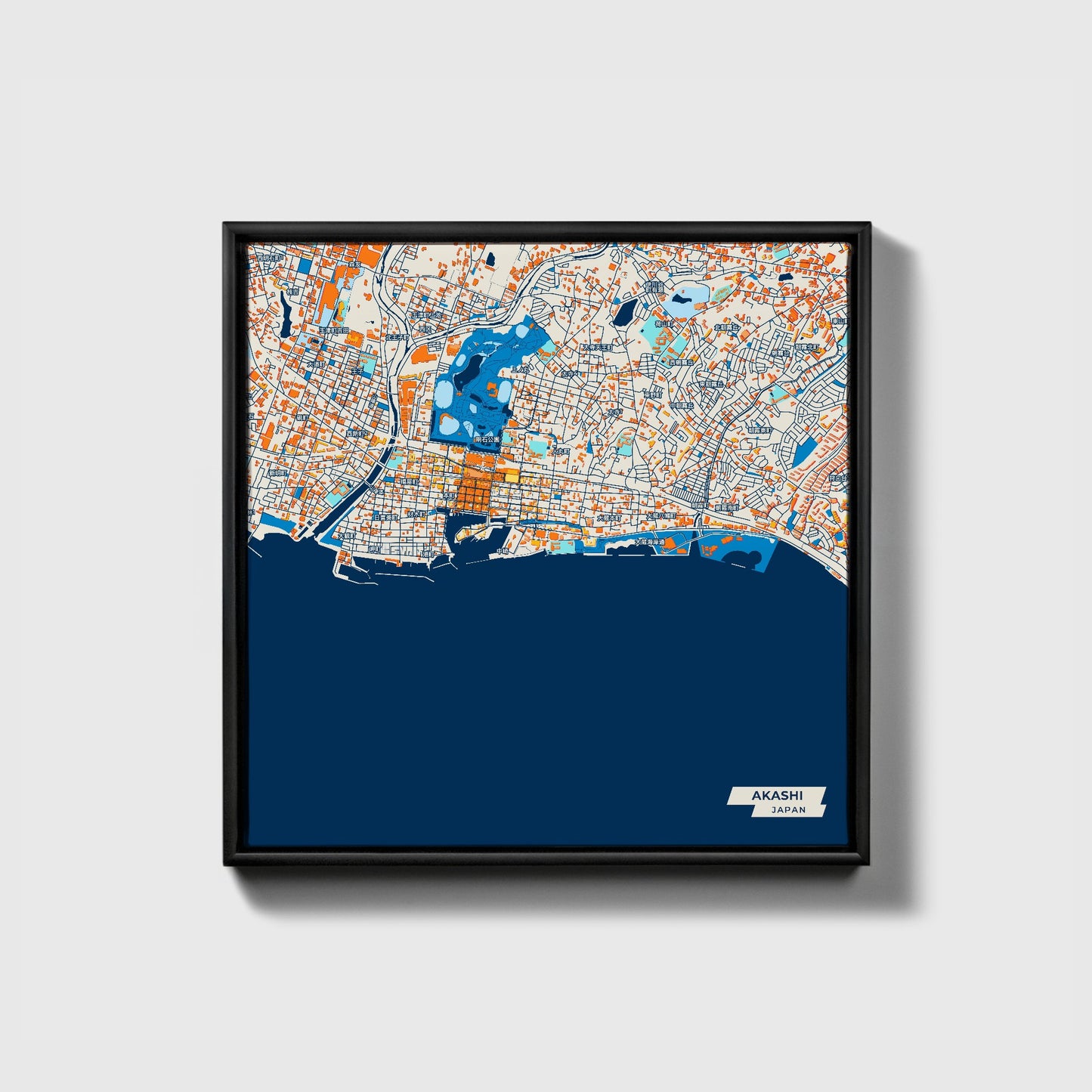Akashi Japan Colorful City Map Canvas Print • Black Framed