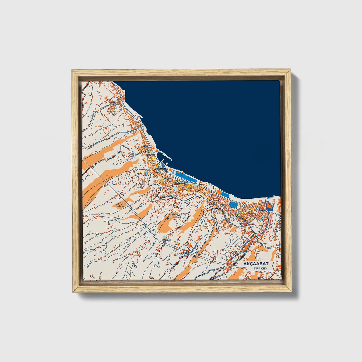 Akçaabat Turkey Colorful City Map Canvas Print • Natural Wooden Framed