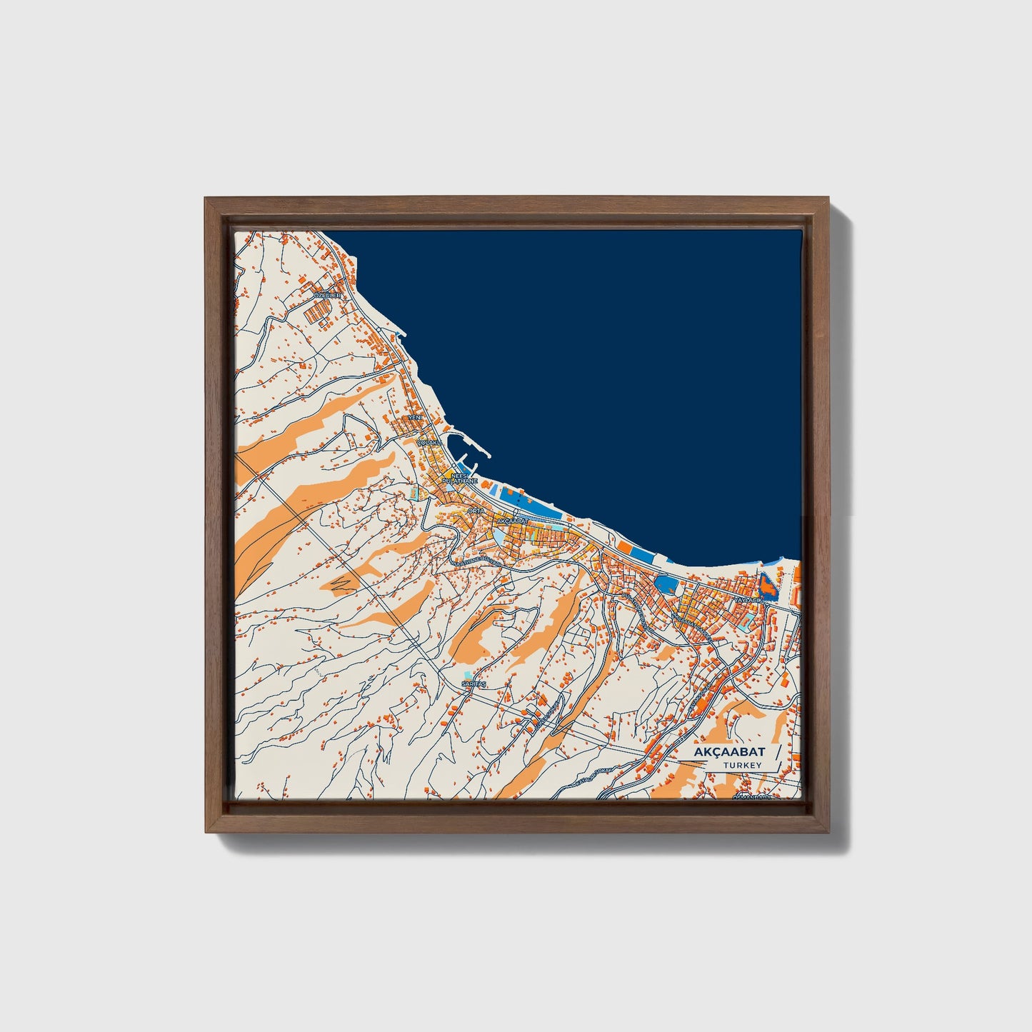 Akçaabat Turkey Colorful City Map Canvas Print • Dark Wooden Framed
