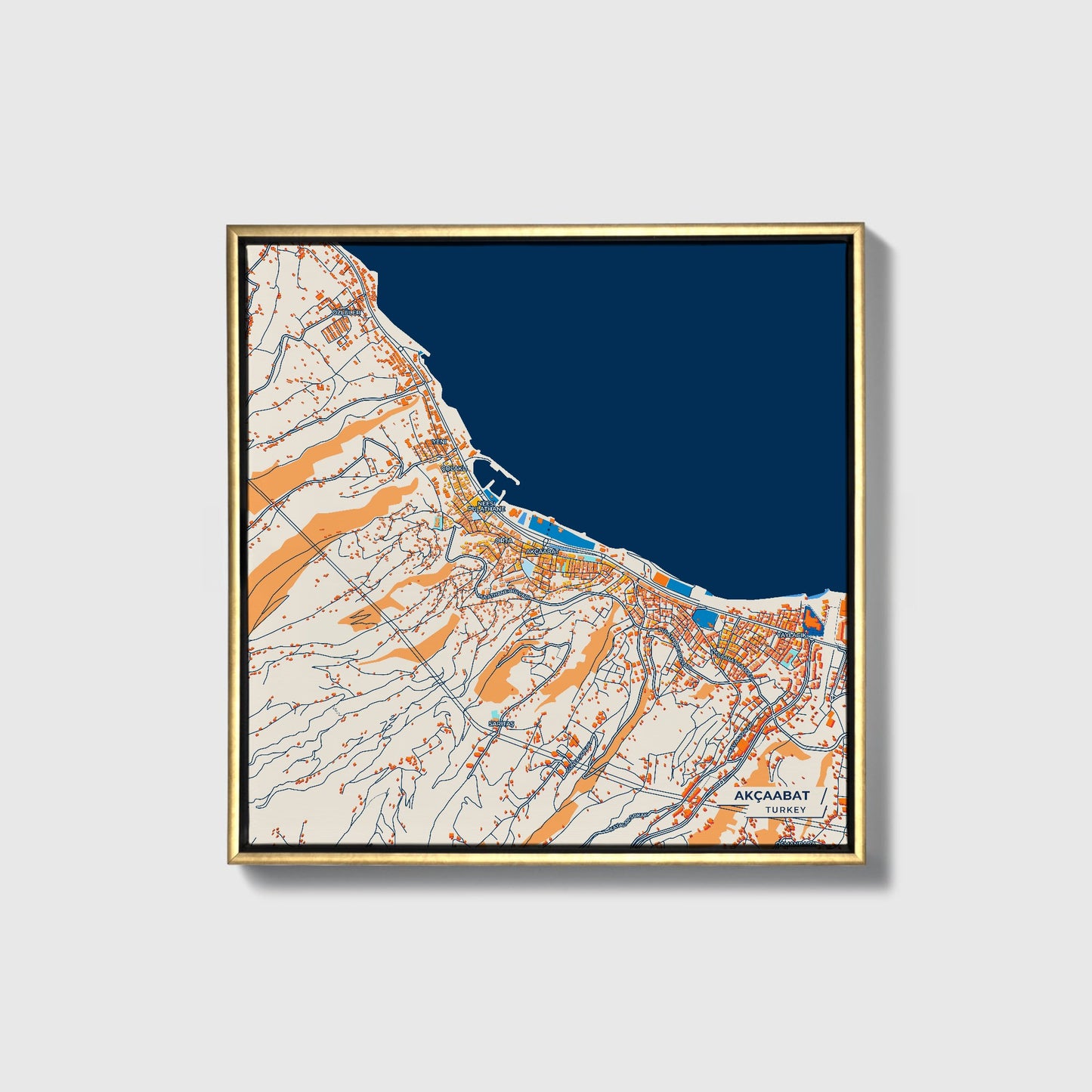 Akçaabat Turkey Colorful City Map Canvas Print • Gold Framed