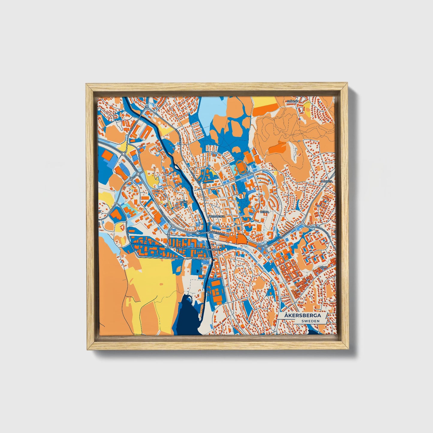 Åkersberga Sweden Colorful City Map Canvas Print • Natural Wooden Framed