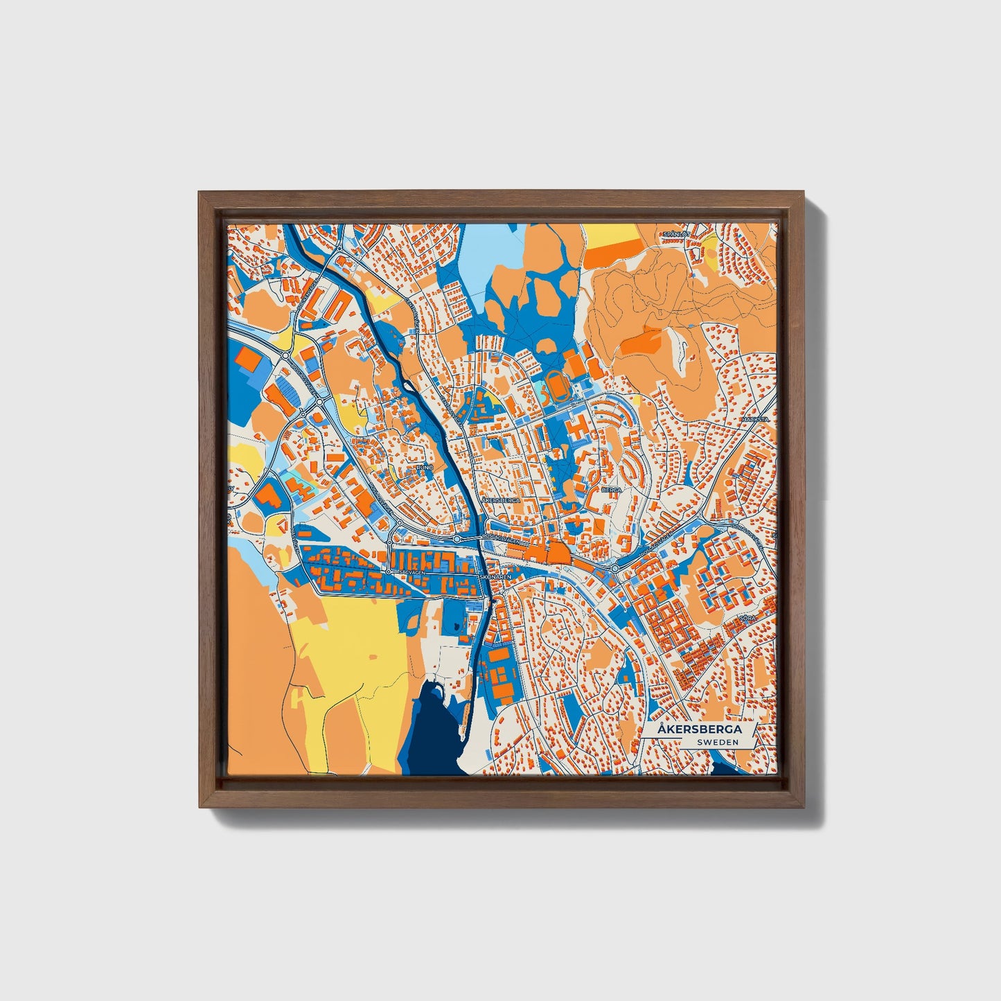 Åkersberga Sweden Colorful City Map Canvas Print • Dark Wooden Framed