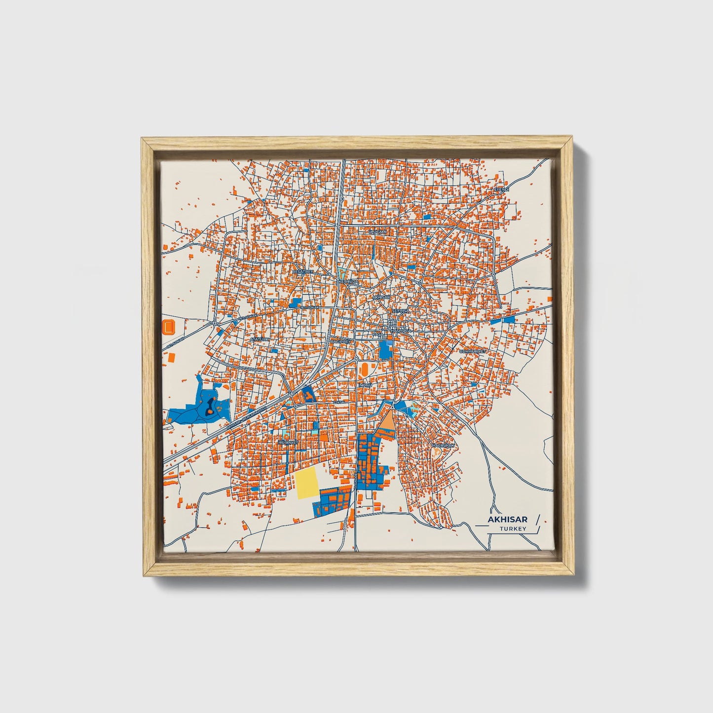 Akhi̇sar Turkey Colorful City Map Canvas Print • Natural Wooden Framed