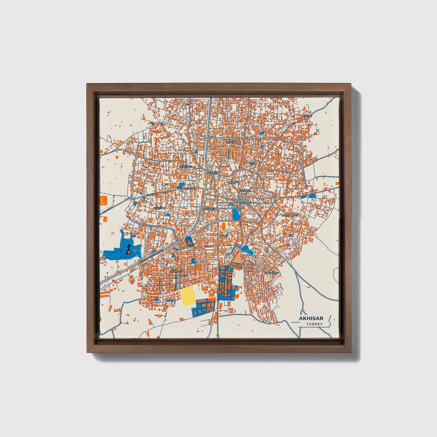 Akhi̇sar Turkey Colorful City Map Canvas Print • Dark Wooden Framed