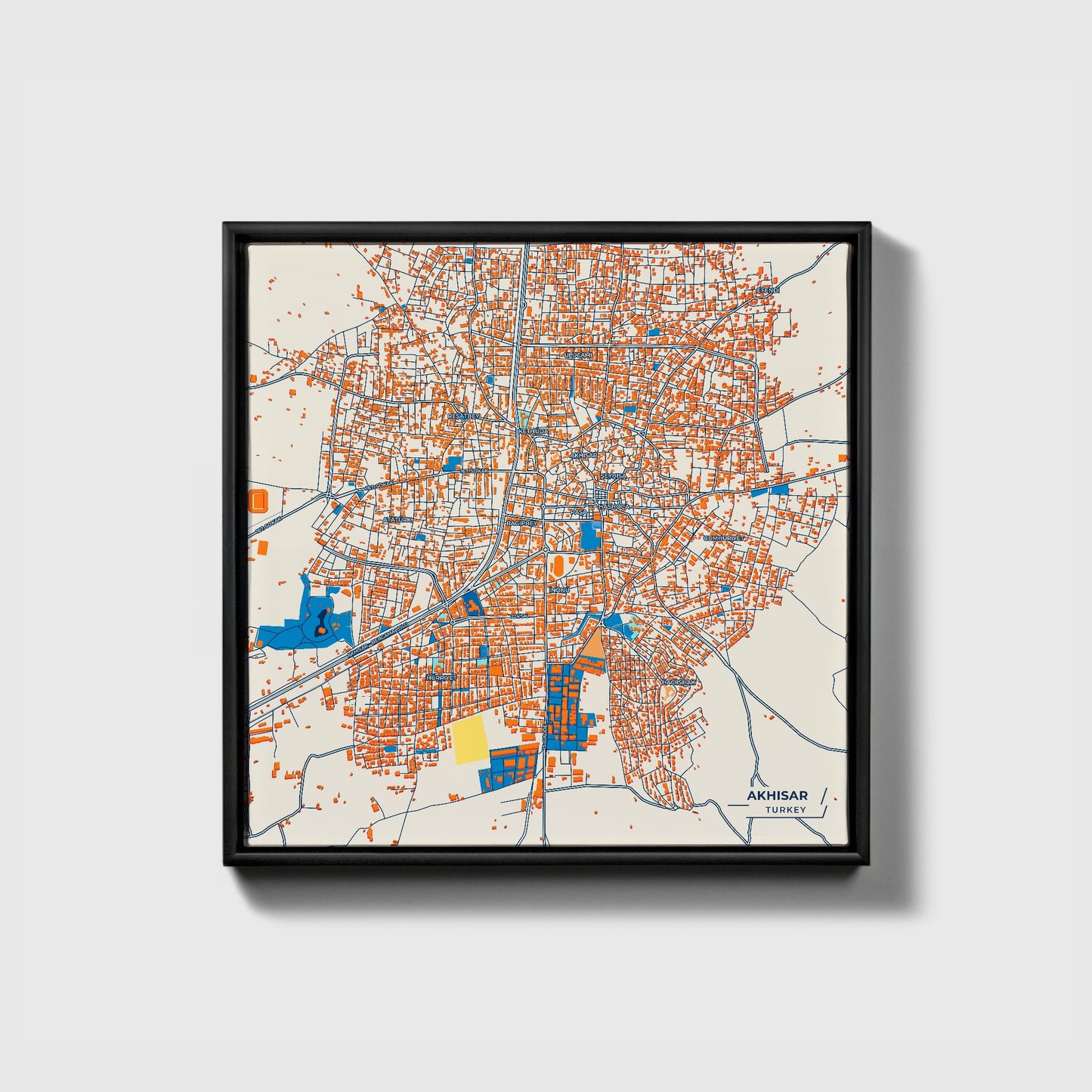 Akhi̇sar Turkey Colorful City Map Canvas Print • Black Framed