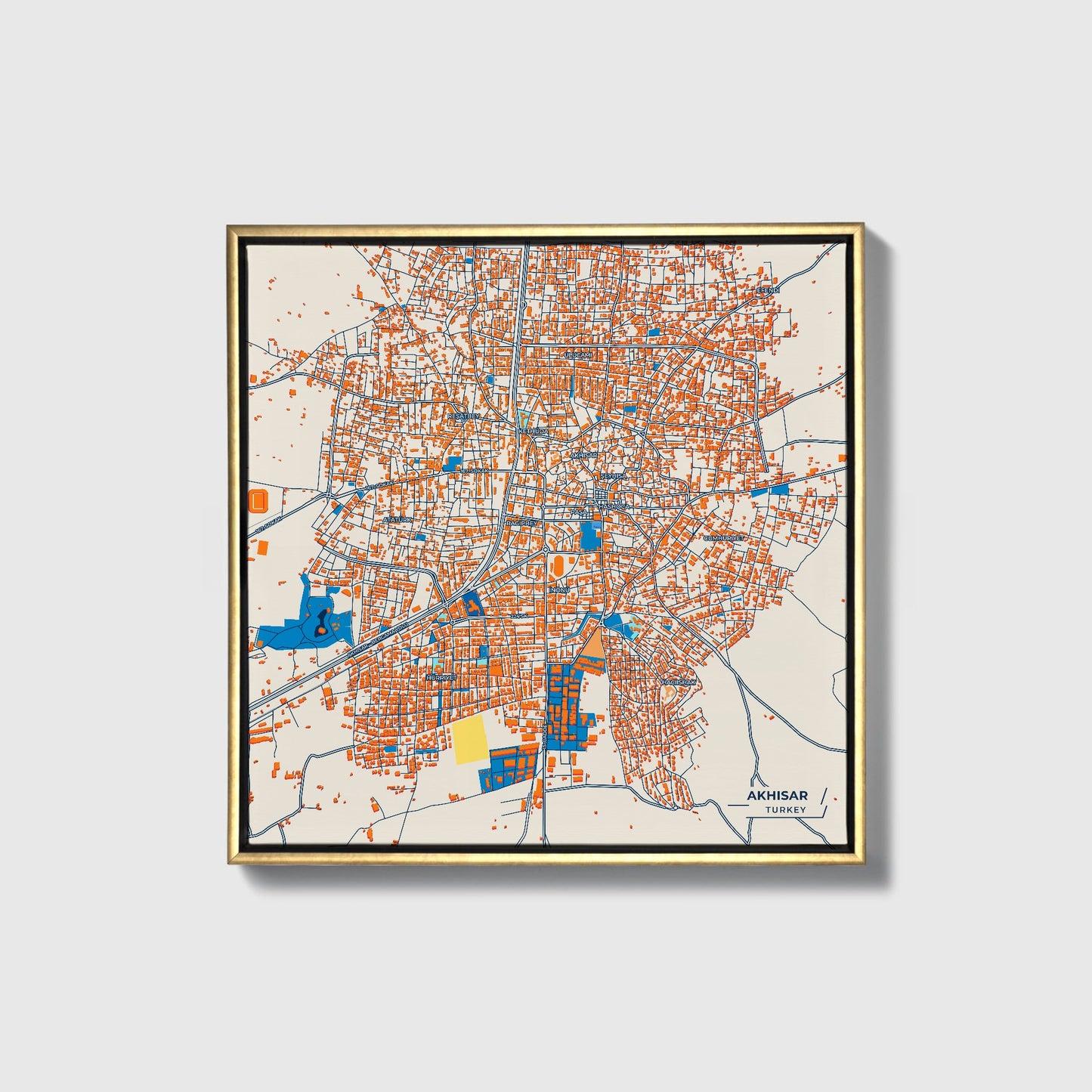 Akhi̇sar Turkey Colorful City Map Canvas Print • Gold Framed