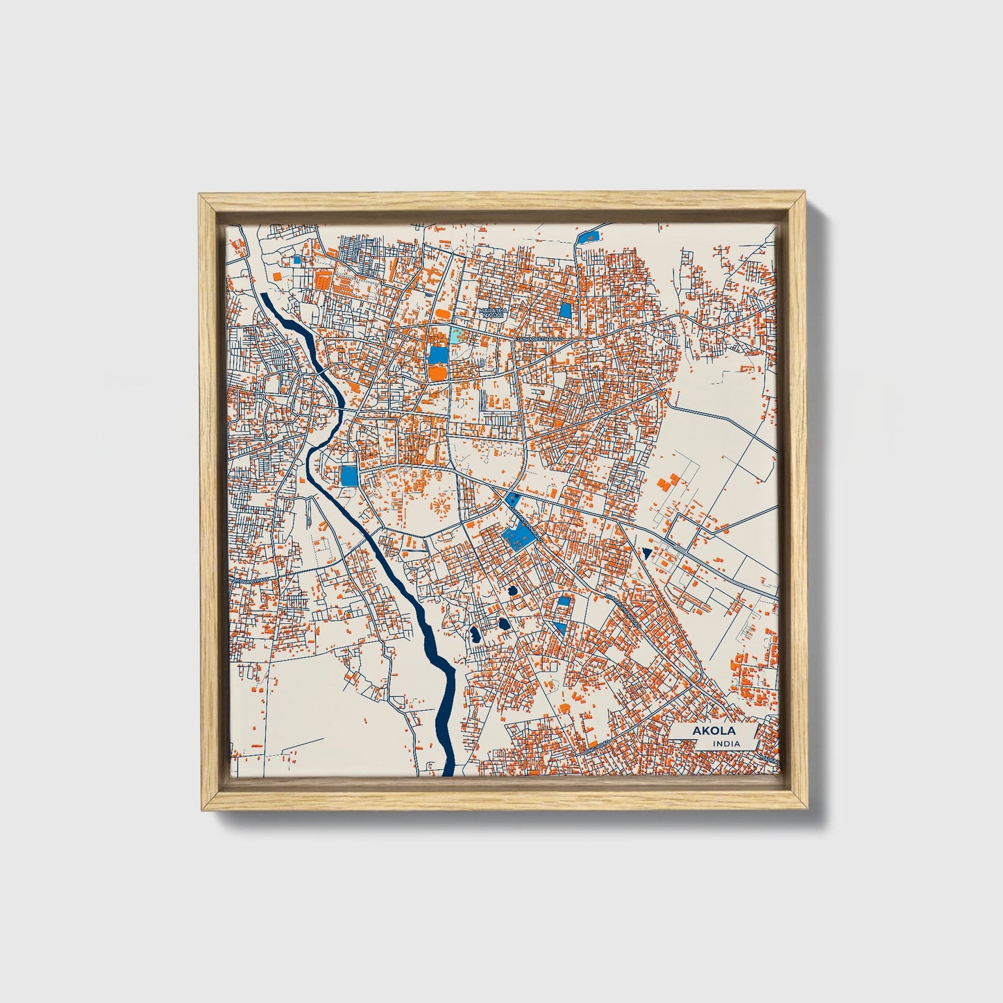 Akola India Colorful City Map Canvas Print • Natural Wooden Framed