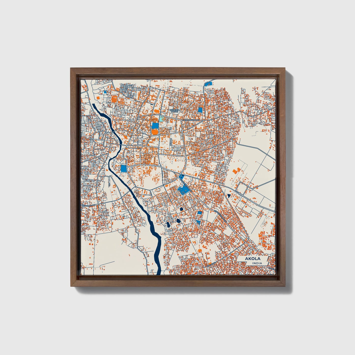 Akola India Colorful City Map Canvas Print • Dark Wooden Framed