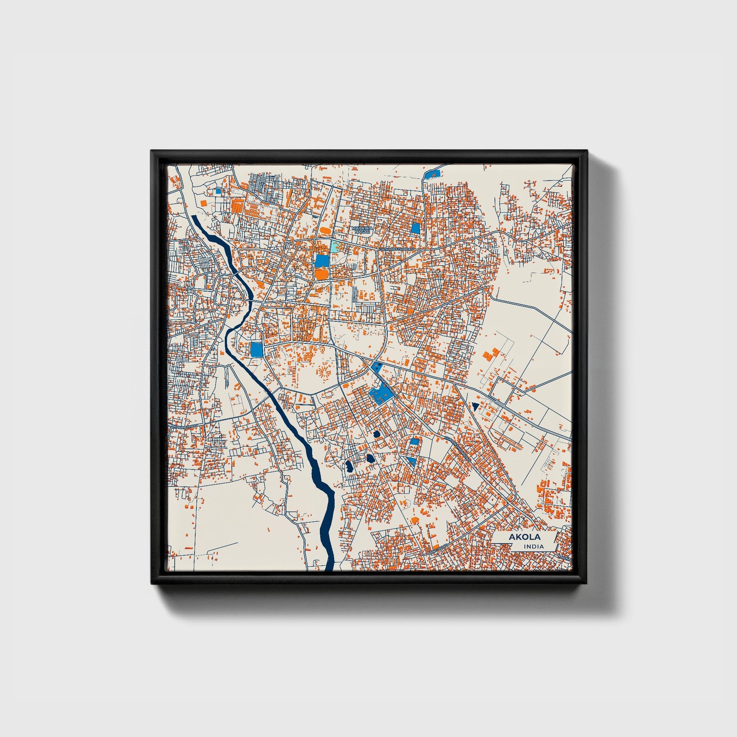 Akola India Colorful City Map Canvas Print • Black Framed
