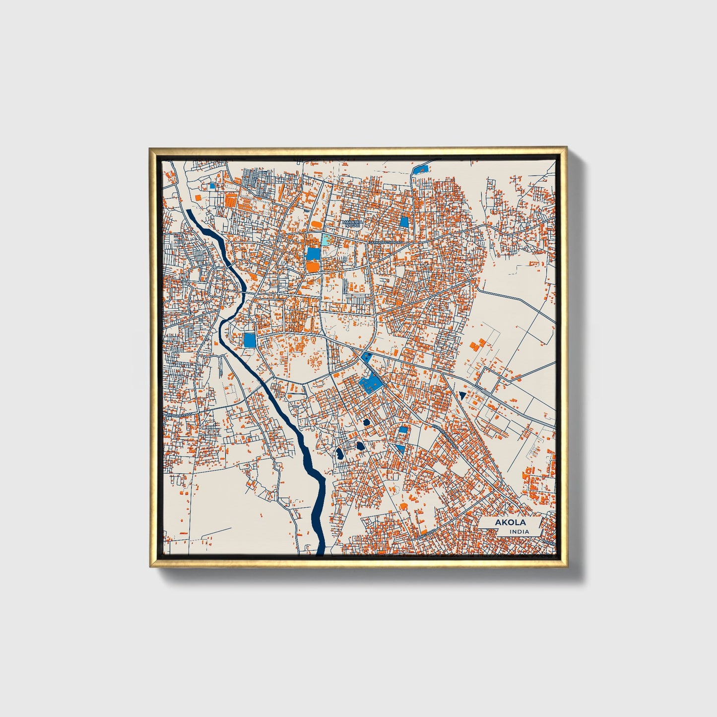 Akola India Colorful City Map Canvas Print • Gold Framed