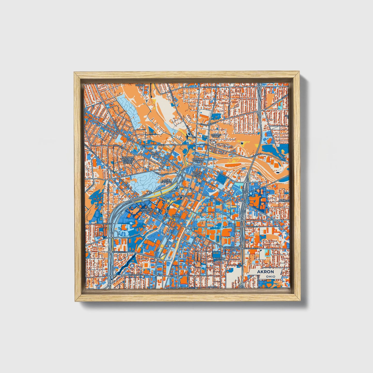 Akron Ohio Colorful City Map Canvas Print • Natural Wooden Framed