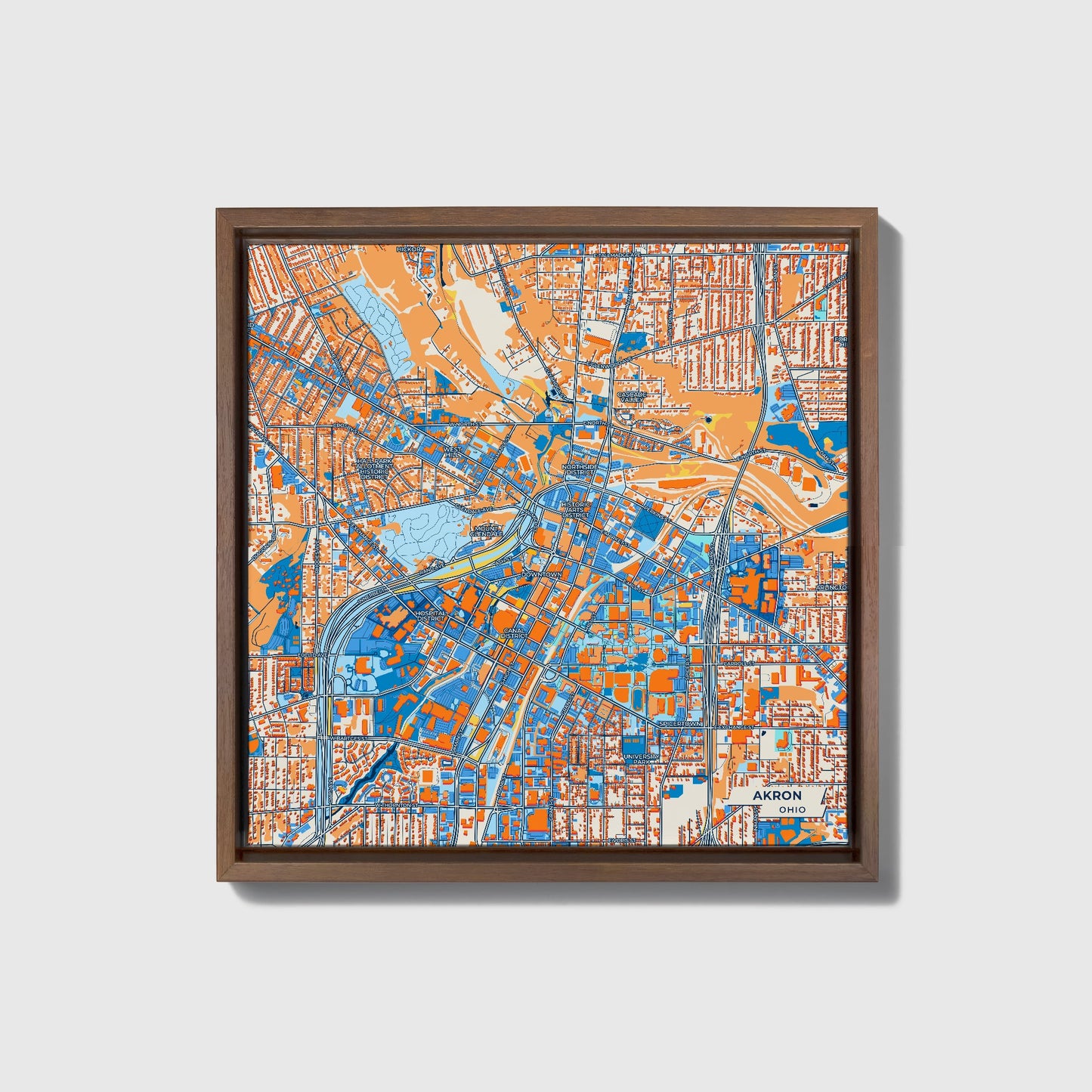 Akron Ohio Colorful City Map Canvas Print • Dark Wooden Framed