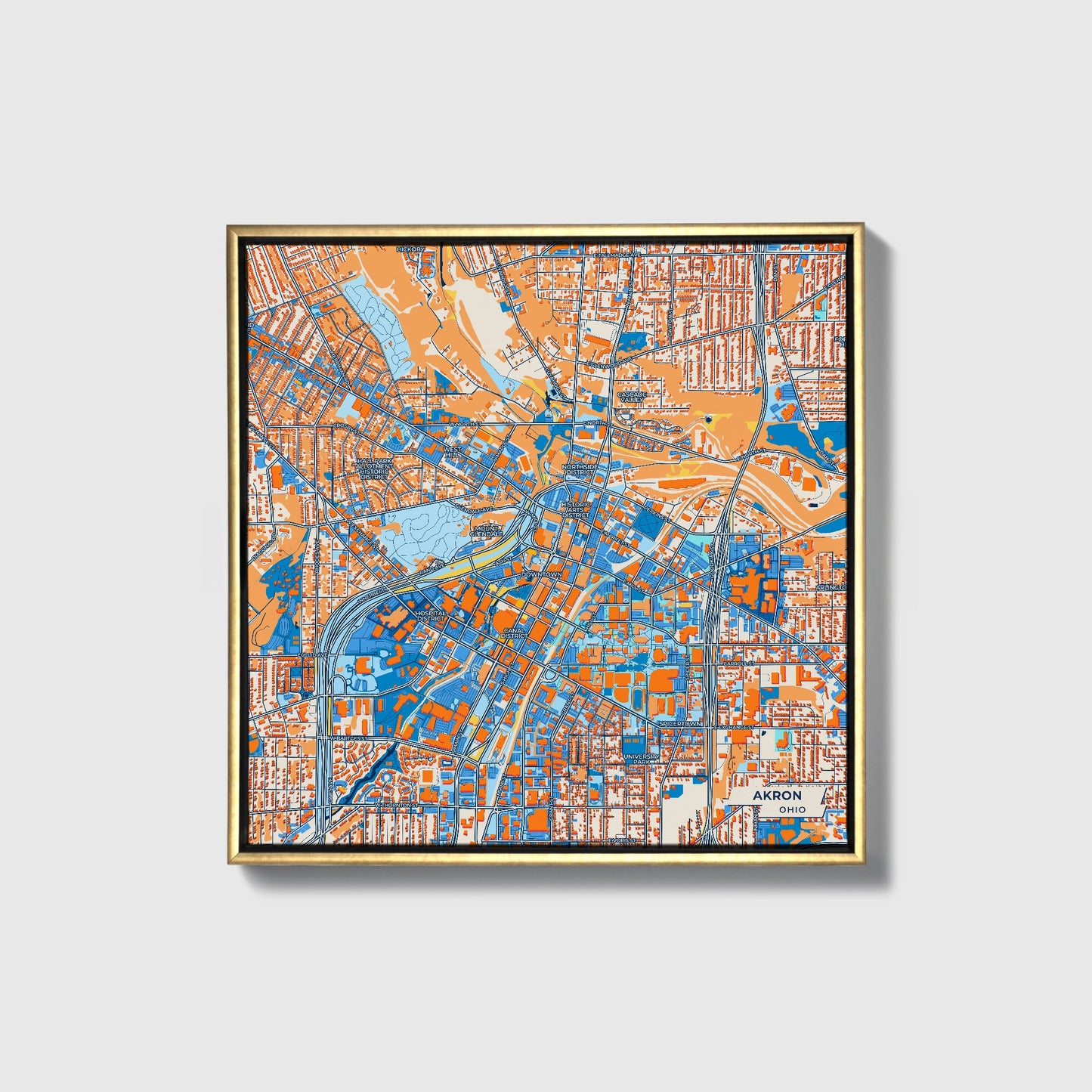 Akron Ohio Colorful City Map Canvas Print • Gold Framed