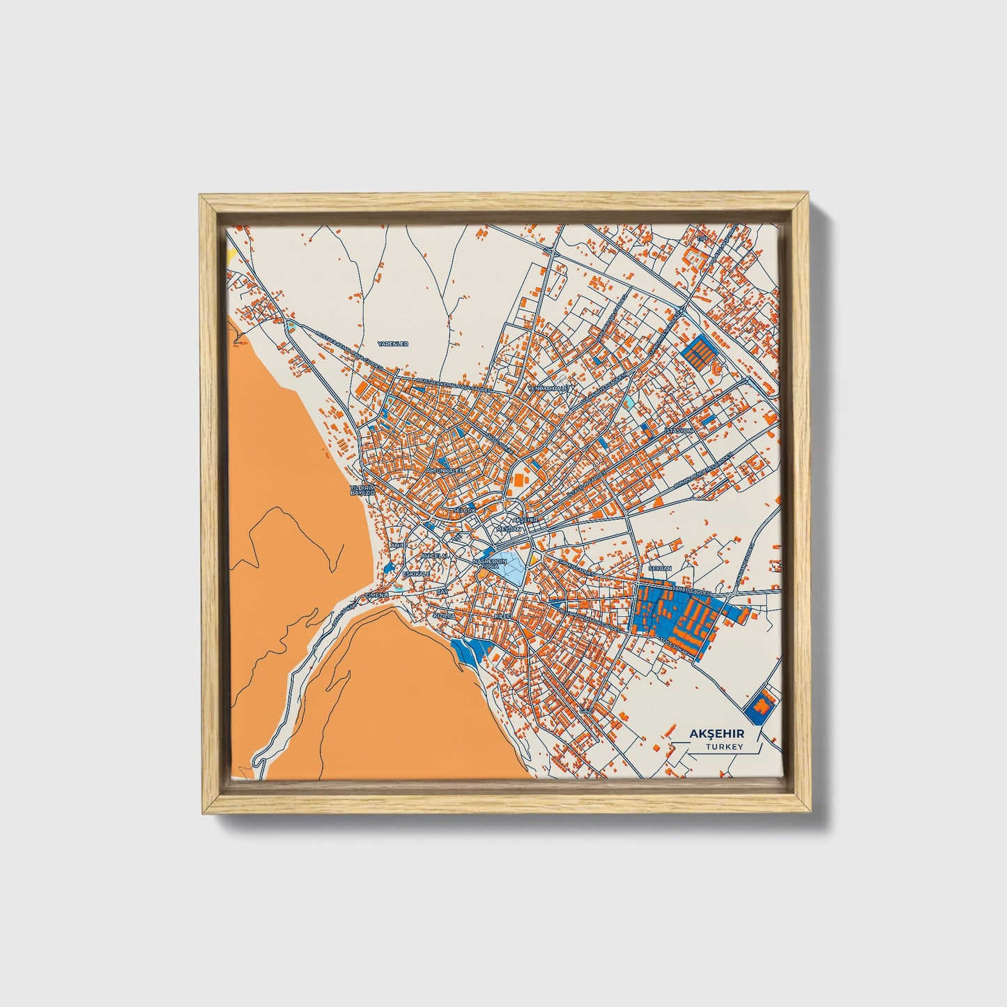 Akşehir Turkey Colorful City Map Canvas Print • Natural Wooden Framed