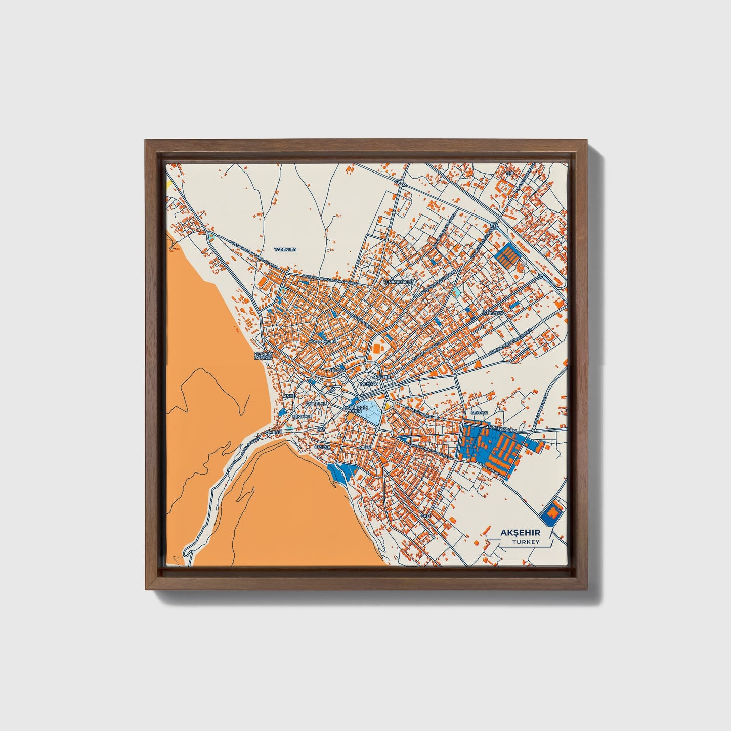 Akşehir Turkey Colorful City Map Canvas Print • Dark Wooden Framed