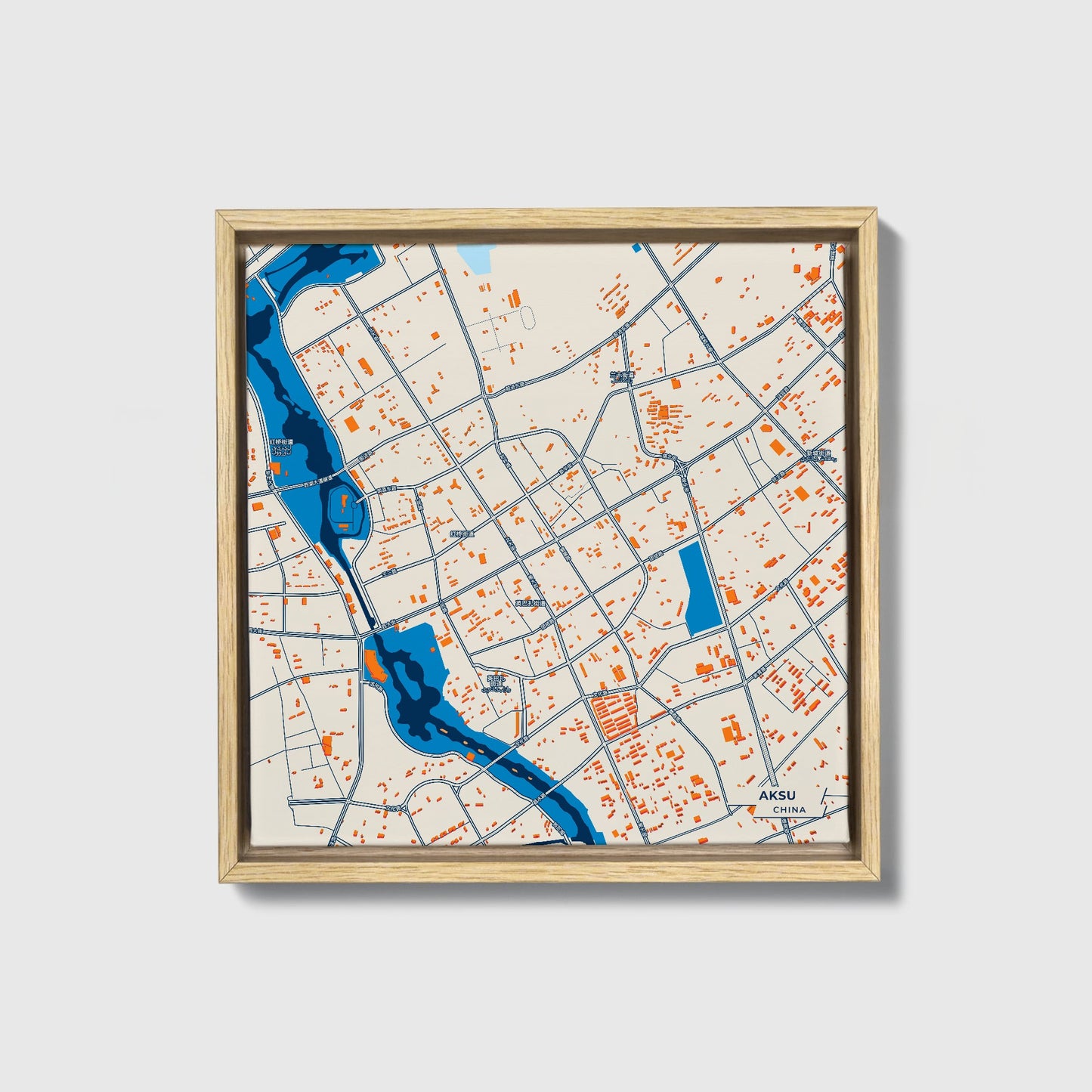 Aksu China Colorful City Map Canvas Print • Natural Wooden Framed