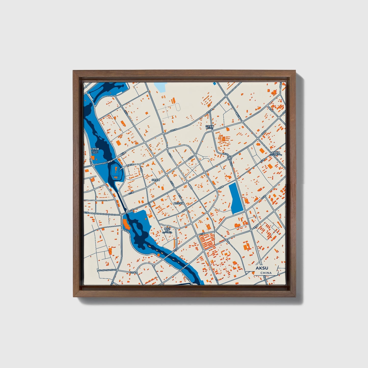 Aksu China Colorful City Map Canvas Print • Dark Wooden Framed